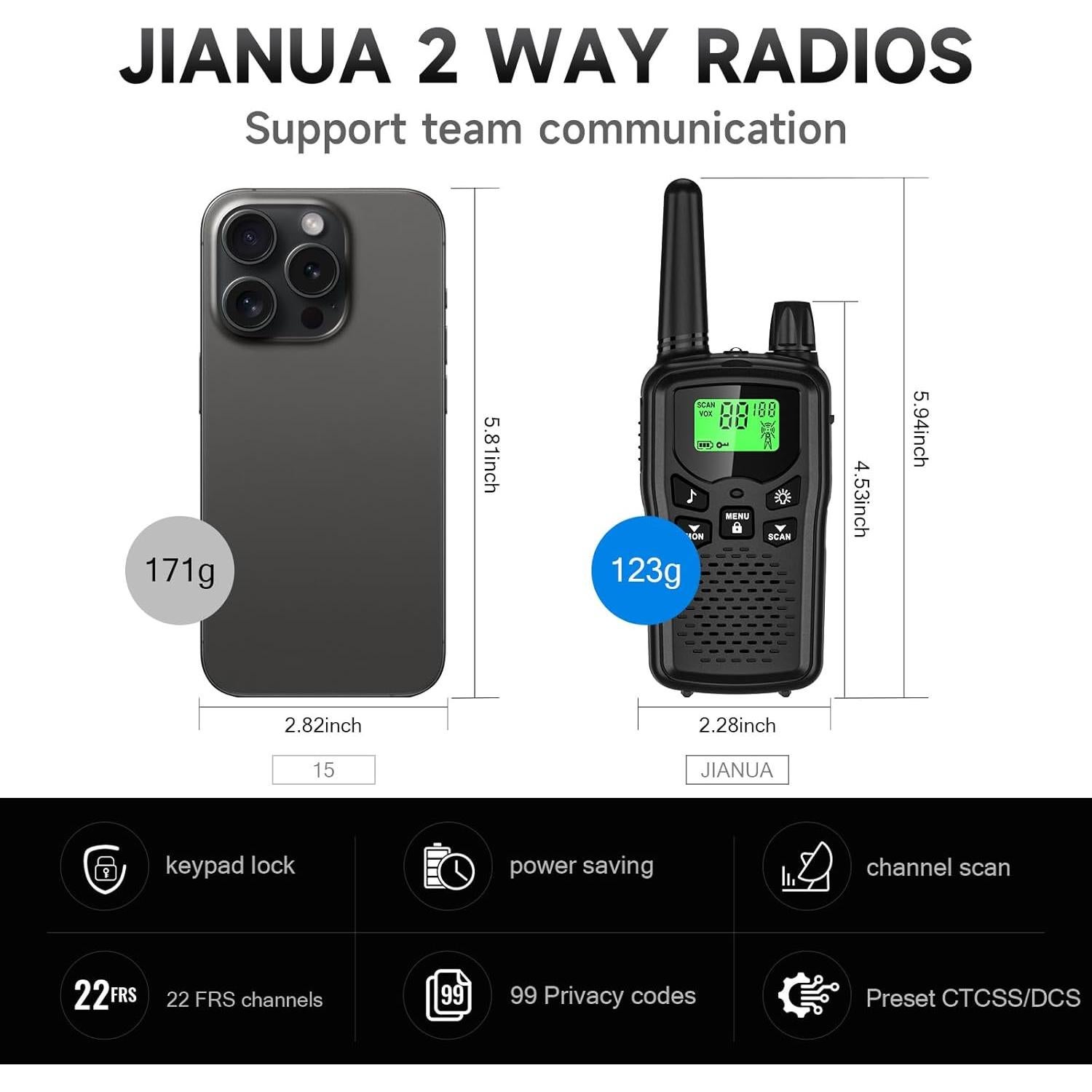 Walkie Talkies JIANUA Recargables 2 Paquete Negro 22 Canales