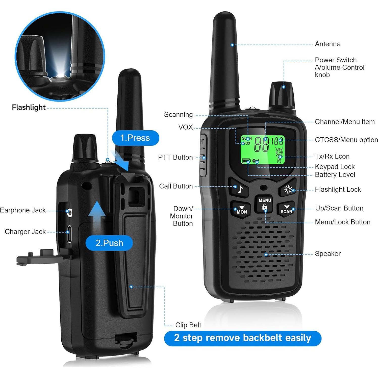 Walkie Talkies JIANUA Recargables 2 Paquete Negro 22 Canales