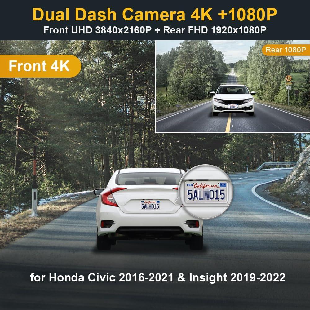 Cámara de Salpicadero Fitcamx 4K Frontal + 1080P Trasera para Honda Civic 2016-2021 & Insight 2019-2022