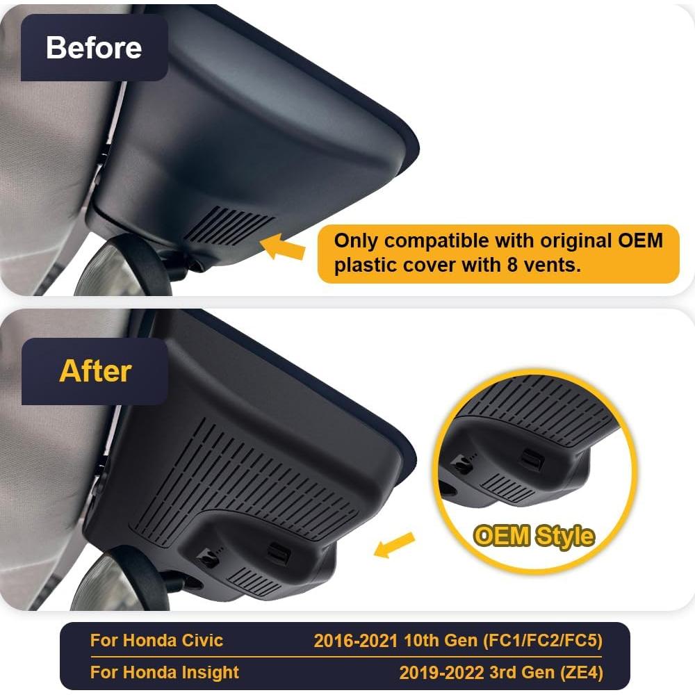 Cámara de Salpicadero Fitcamx 4K Frontal + 1080P Trasera para Honda Civic 2016-2021 & Insight 2019-2022