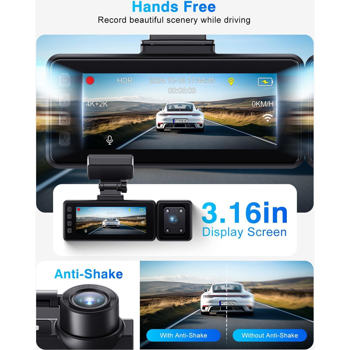 Cámara Dash 4K Fiteye FT-VD004 con GPS y WiFi, 3 Canales