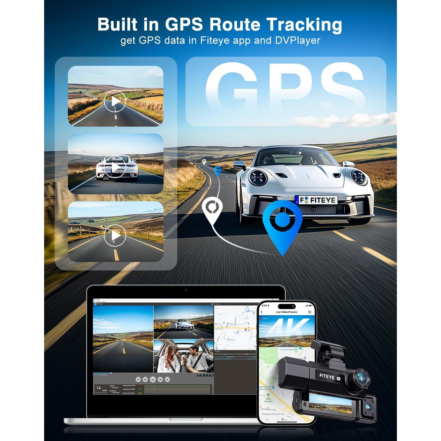 Cámara Dash 4K Fiteye FT-VD004 con GPS y WiFi, 3 Canales
