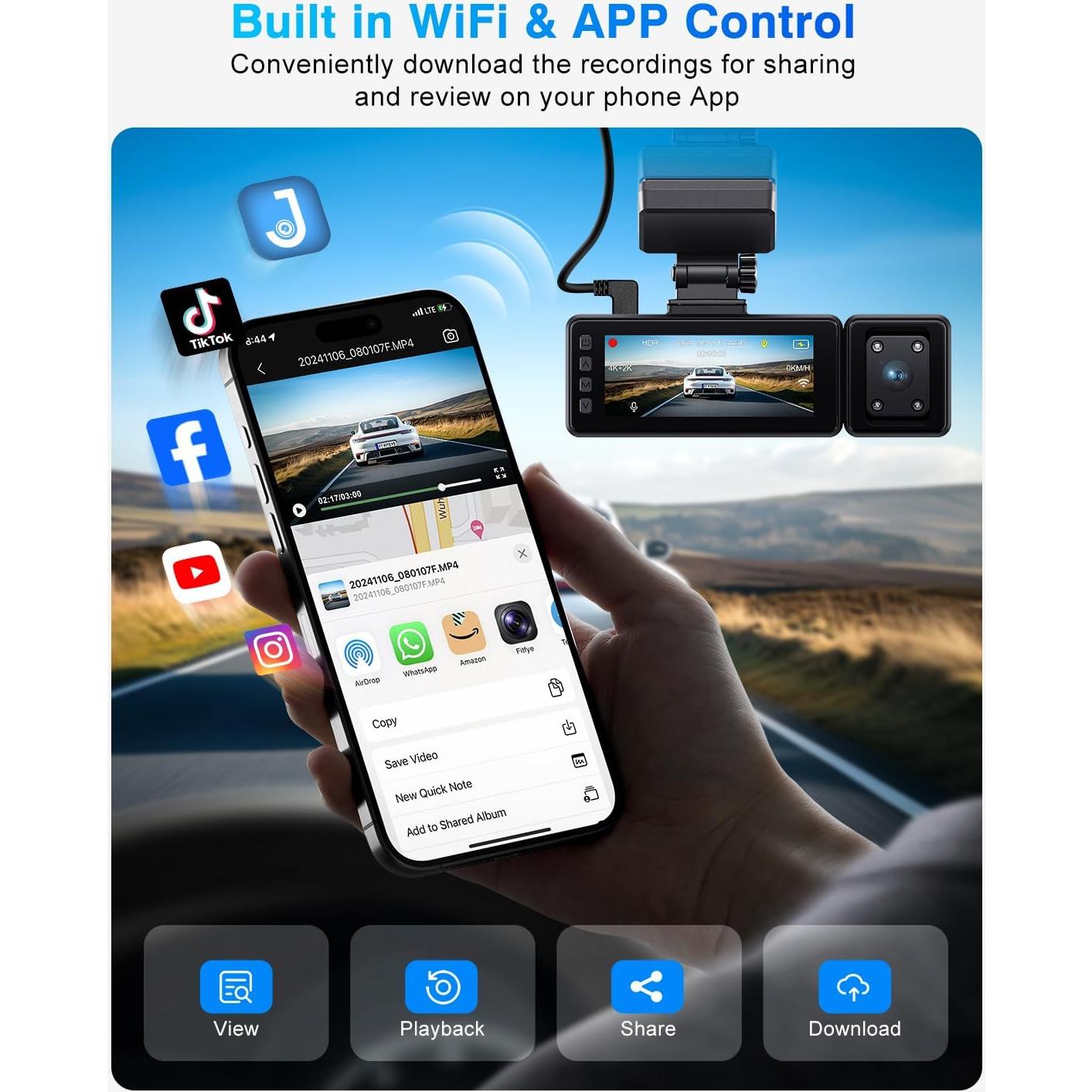 Cámara Dash 4K Fiteye FT-VD004 con GPS y WiFi, 3 Canales