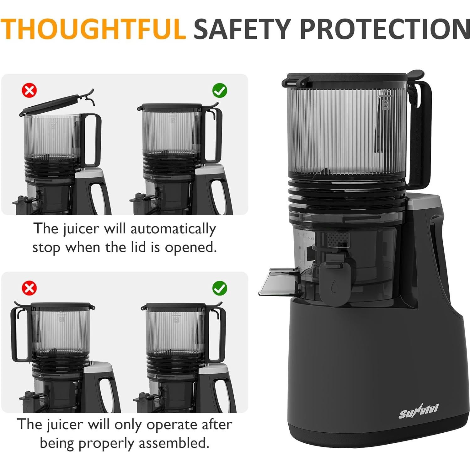 Extractor de Jugo Lento SUNVIVI 250W con Embudo 15cm Fácil Limpieza