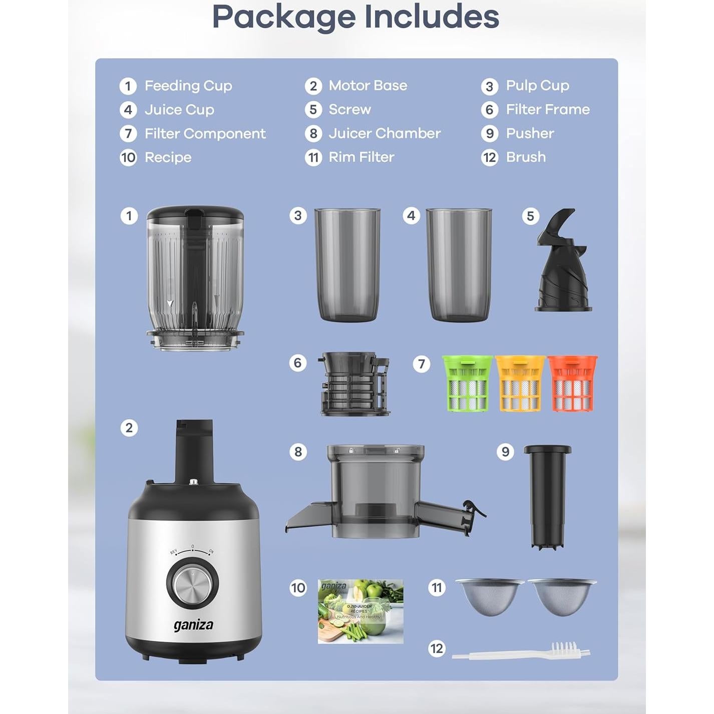 Exprimidor Masticador Ganiza GJ10 Plata 1.2kg 350W Fácil Limpieza