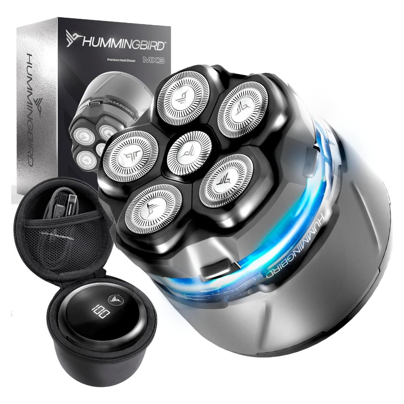 HUMMINGBIRD MK3 Stealth Edition Electric Head Shaver - No Nick Electric Razor for Men, Cordless USB C Rechargeable, Waterproof Wet/Dry Shave, 6 Blade Head, LED Display, Rotary Skull Shaver with Case