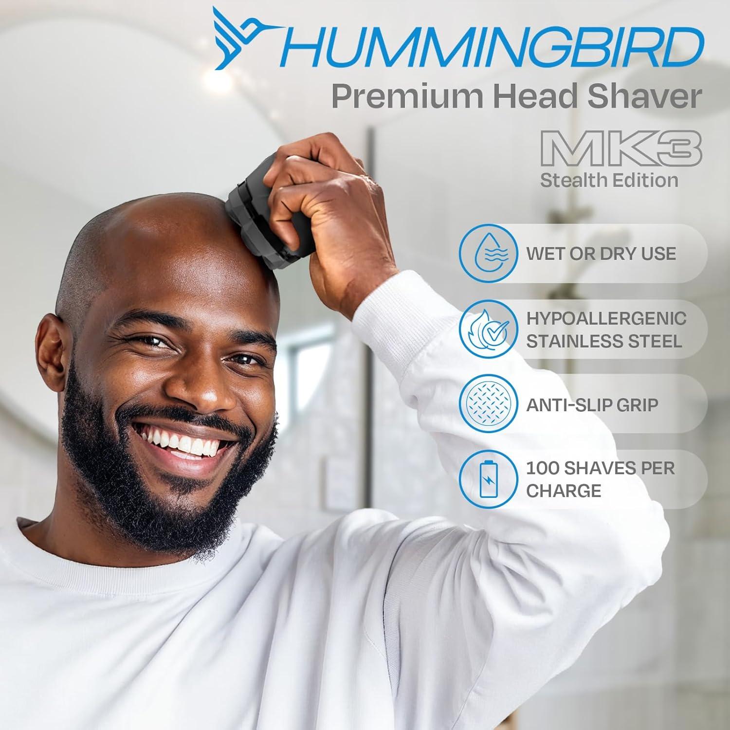 HUMMINGBIRD MK3 Stealth Edition Electric Head Shaver - No Nick Electric Razor for Men, Cordless USB C Rechargeable, Waterproof Wet/Dry Shave, 6 Blade Head, LED Display, Rotary Skull Shaver with Case