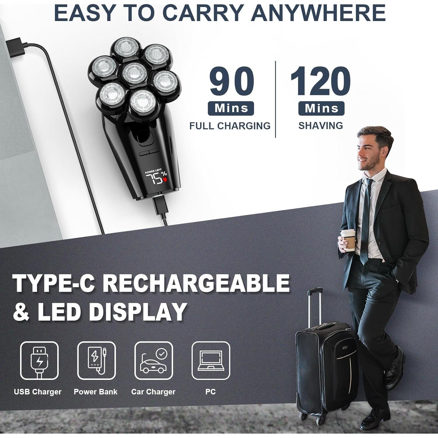 Afeitadora eléctrica Hexus para hombres calvos IPX7 5 en 1