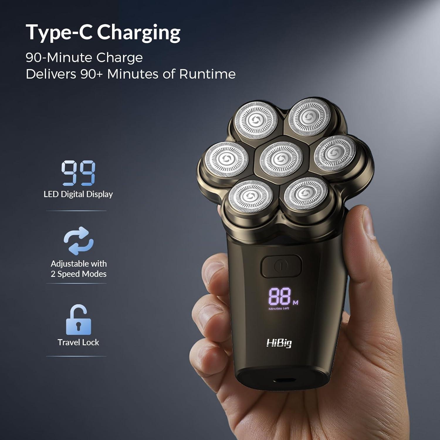 Afeitadora eléctrica HiBig 7D para hombres calvos, 5 en 1, gris