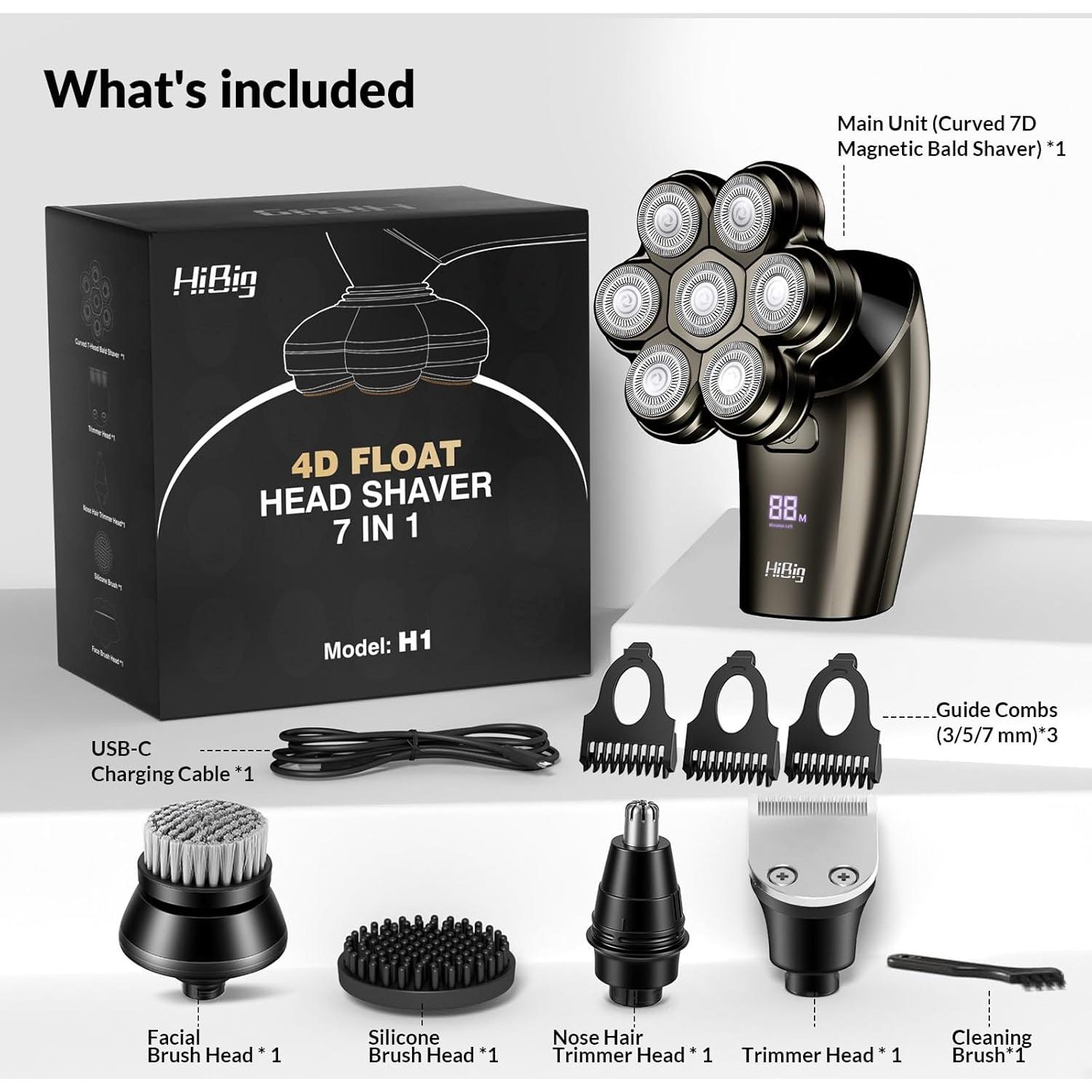 Afeitadora eléctrica HiBig 7D para hombres calvos, 5 en 1, gris