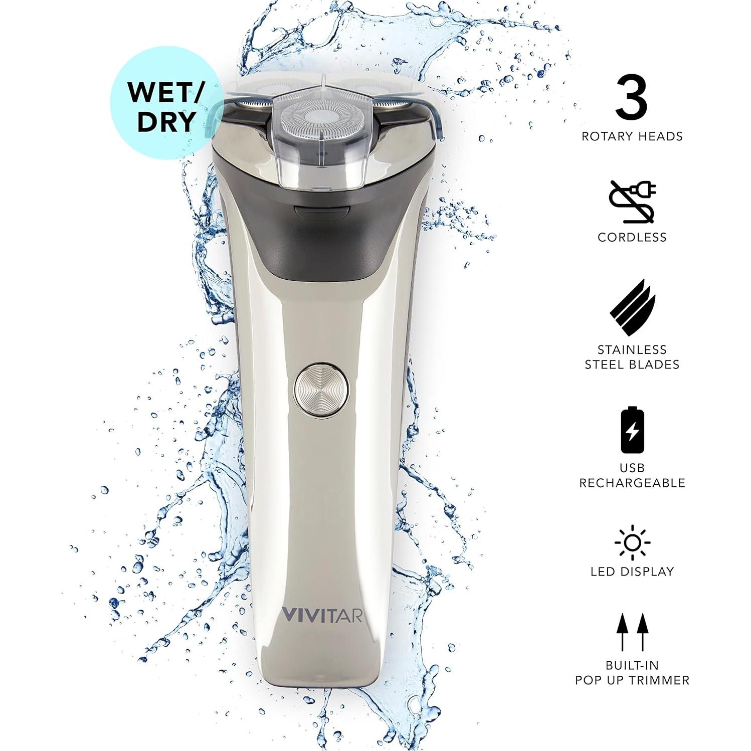 Afeitadora Rotativa Inalámbrica VIVITAR 3 Cabezas Acero Inoxidable