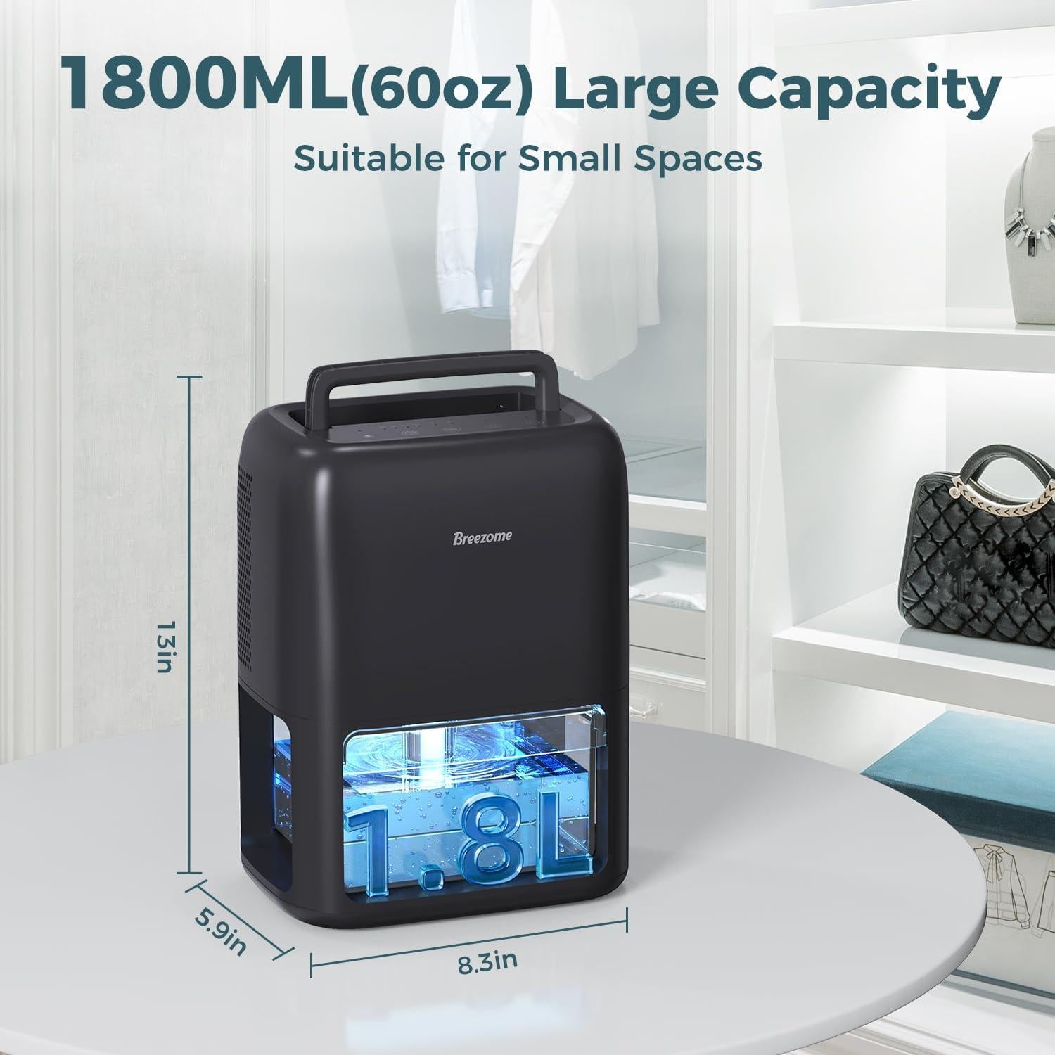 Deshumidificador BREEZOME 1.8L Portátil Silencioso Negro