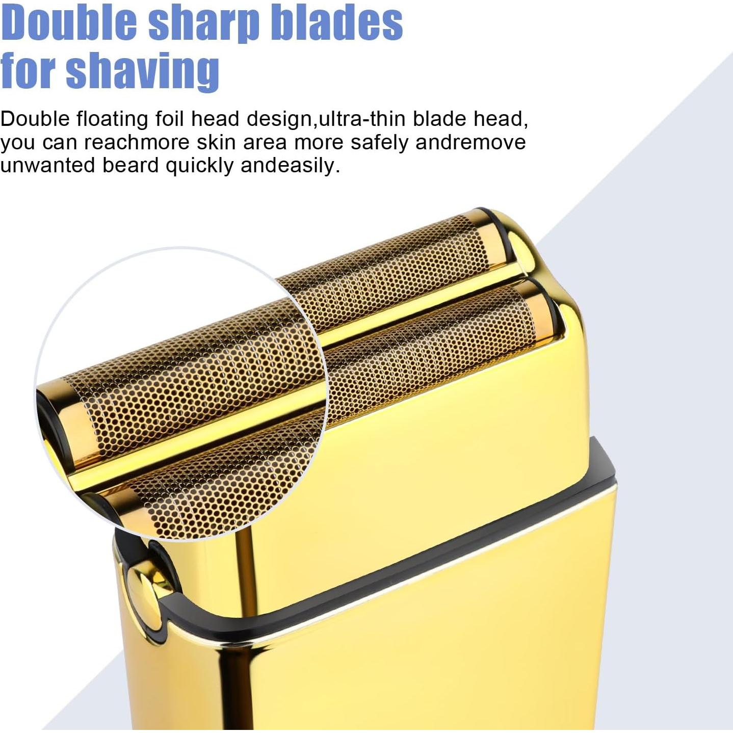 Foil Shaver for Men Barber, Double Electric Foil Trimmer, Professional Electric Razor, Close Shaver, Cordless Rechargeable with USB, Gold