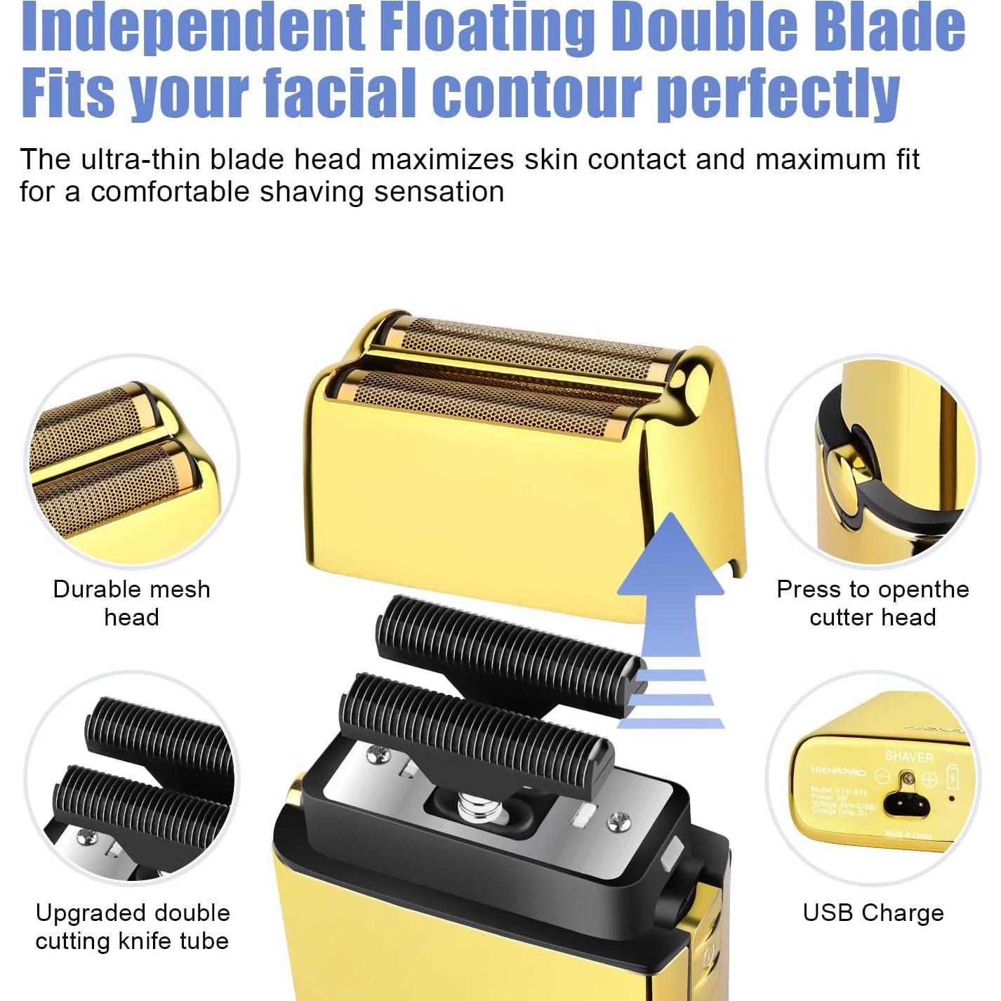 Foil Shaver for Men Barber, Double Electric Foil Trimmer, Professional Electric Razor, Close Shaver, Cordless Rechargeable with USB, Gold