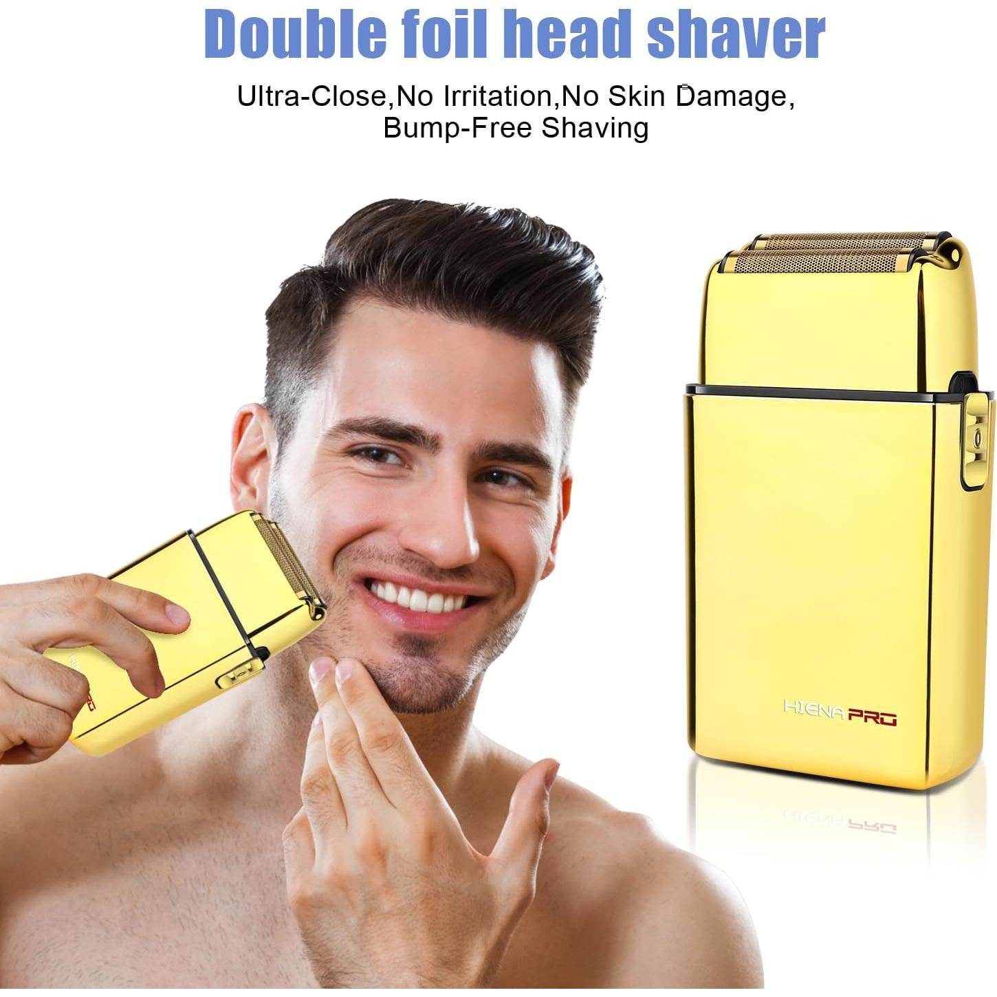 Foil Shaver for Men Barber, Double Electric Foil Trimmer, Professional Electric Razor, Close Shaver, Cordless Rechargeable with USB, Gold