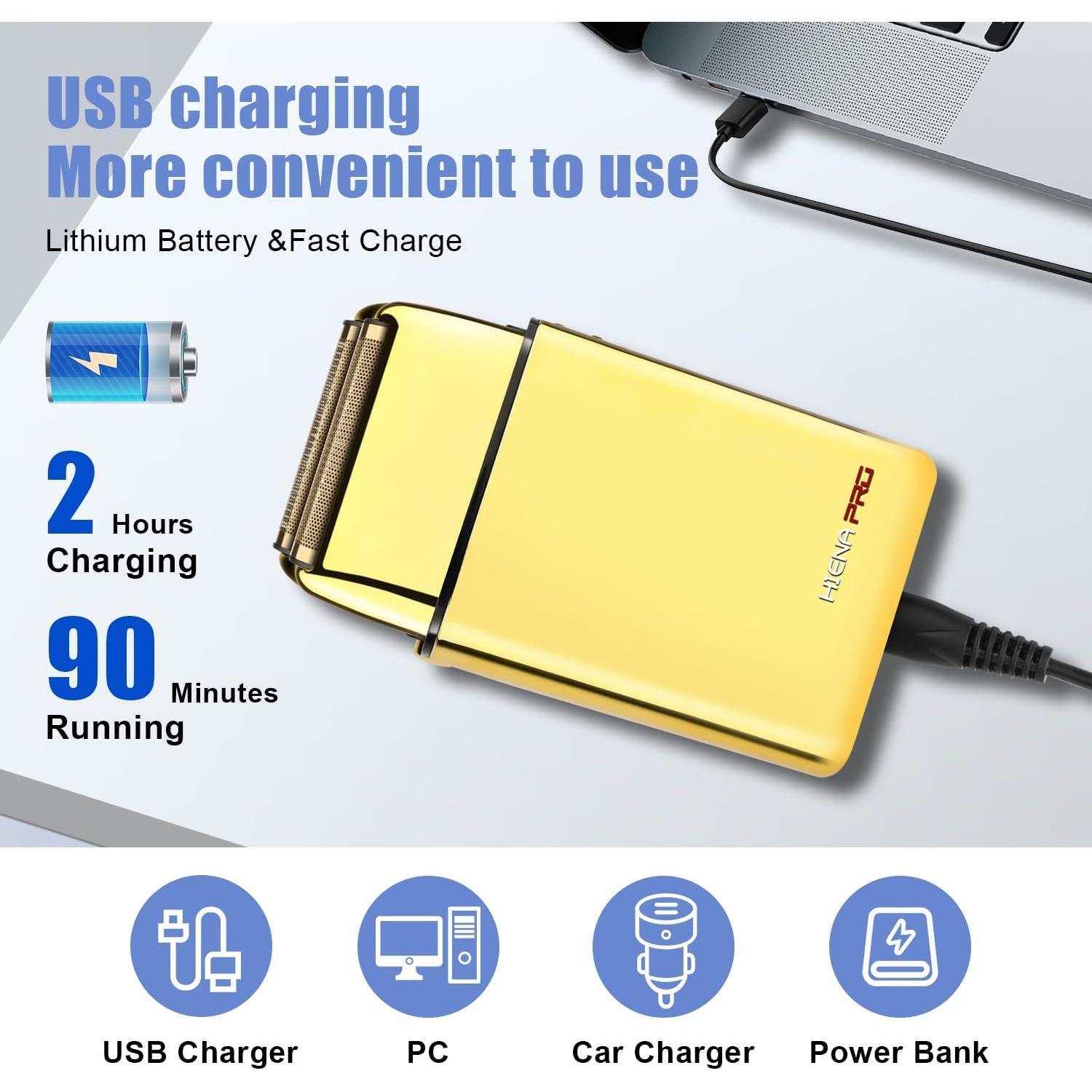 Foil Shaver for Men Barber, Double Electric Foil Trimmer, Professional Electric Razor, Close Shaver, Cordless Rechargeable with USB, Gold