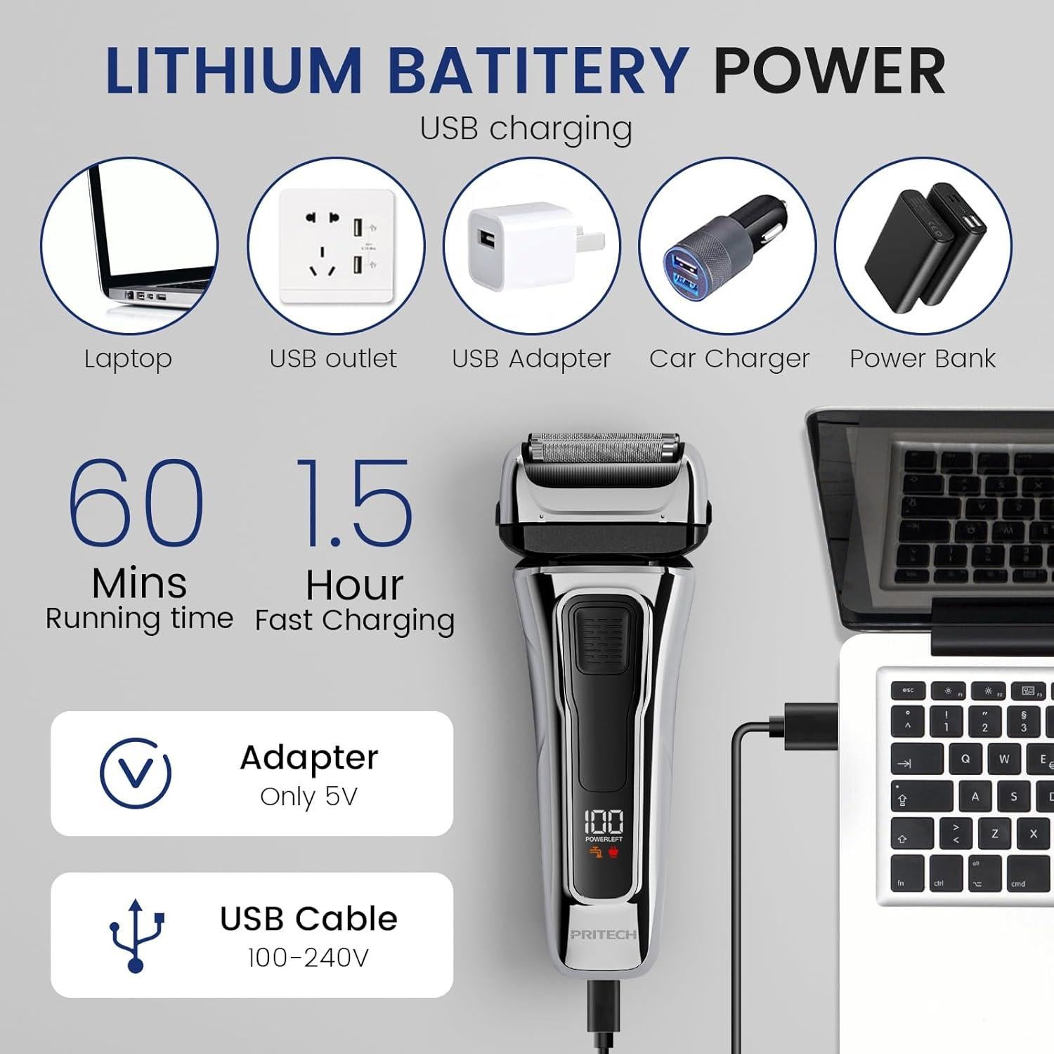 Afeitadora eléctrica PRITECH RSM-2310 para hombres, recargable, IPX6