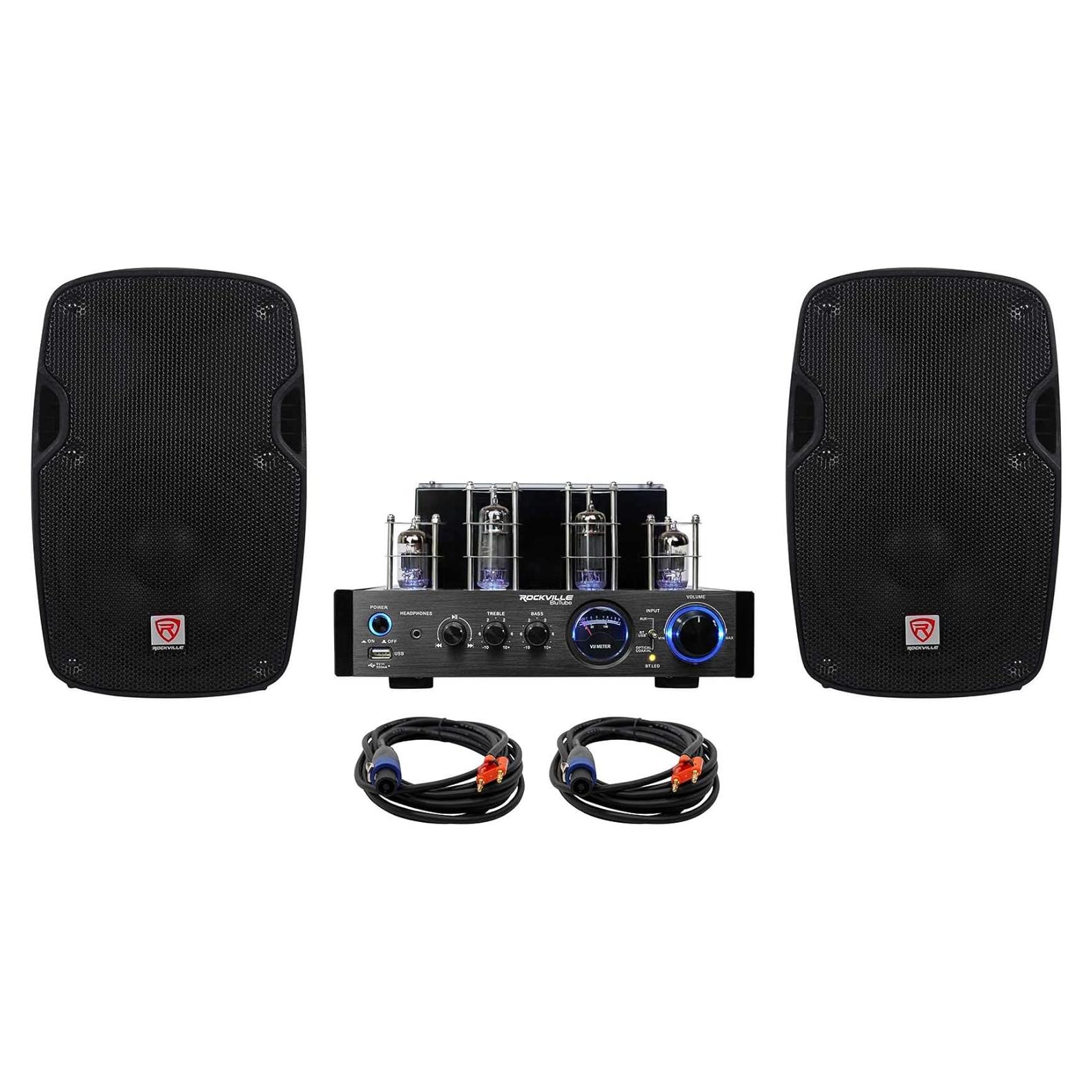 Amplificador de tubo Rockville BluTube LED + 2 Altavoces 20cm