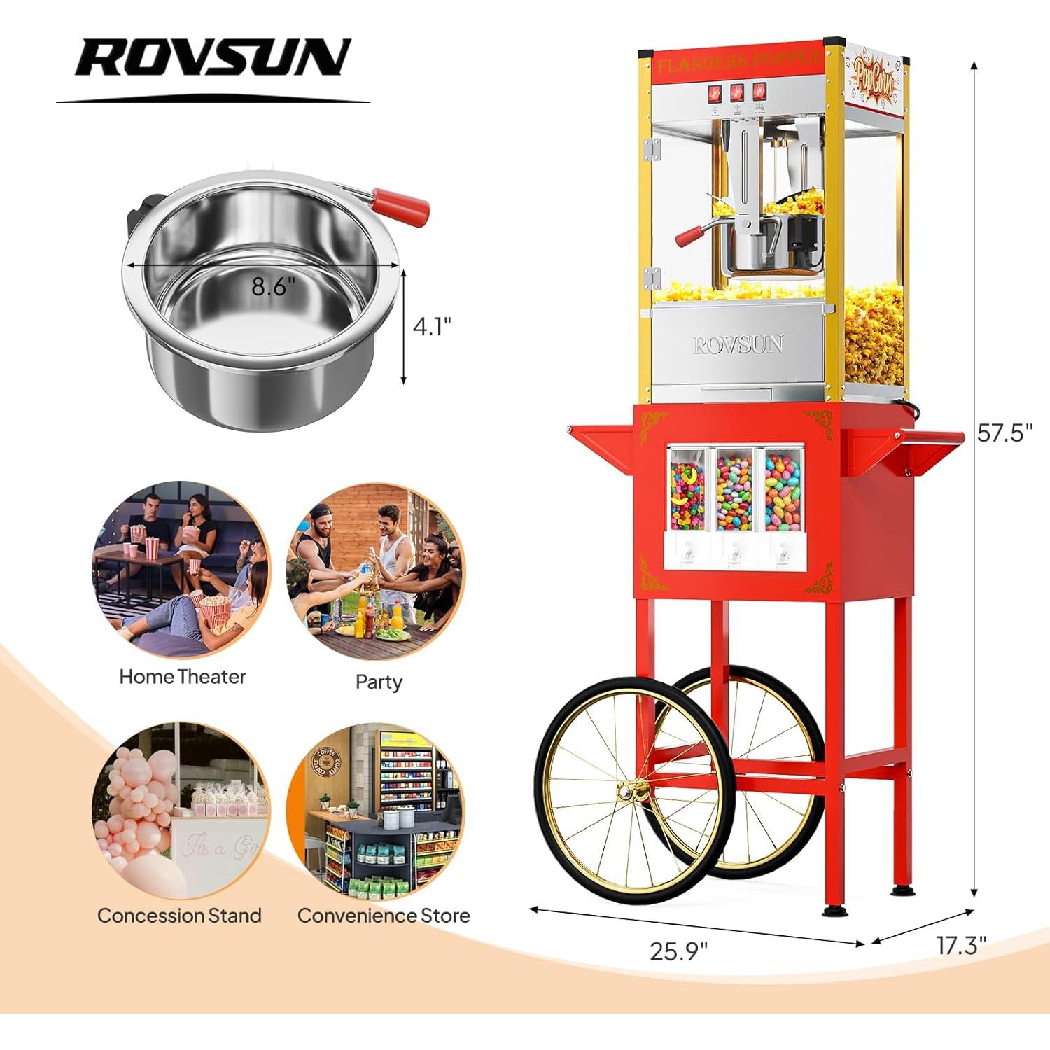 Máquina de Palomitas ROVSUN con Carrito 10 Oz 15.14 L Rojo