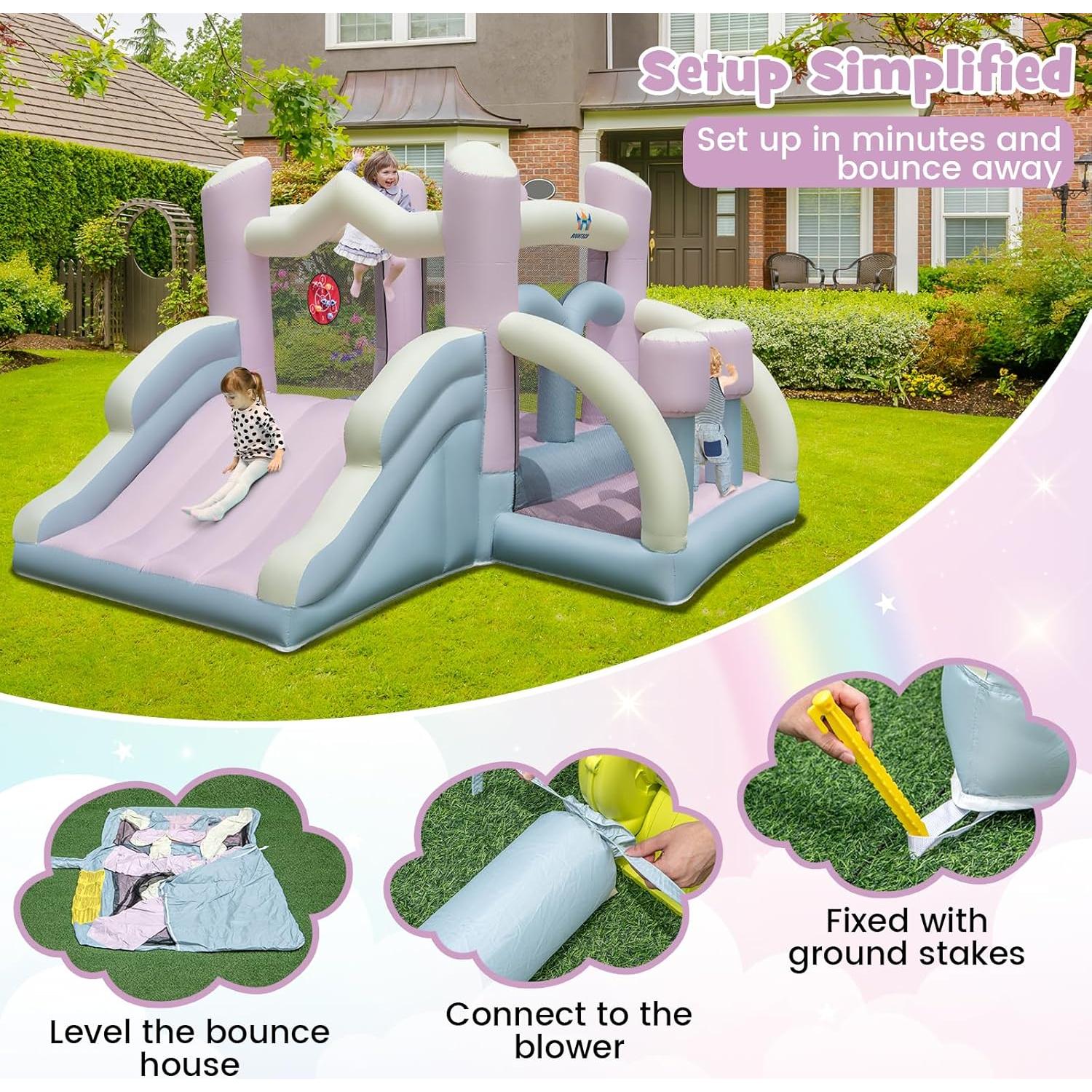 Casa Inflable BOUNTECH Rosa y Blanca con Tobogán y Ventilador