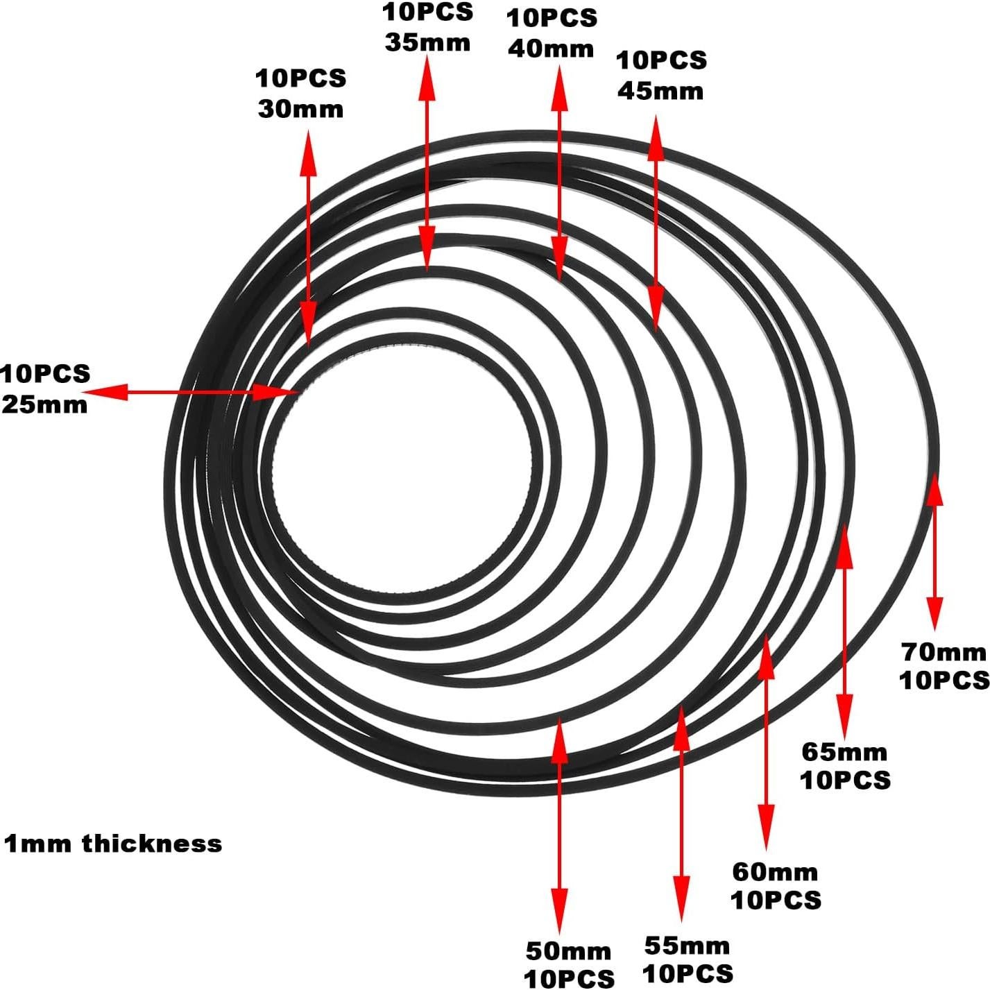 100 Correas de Transmisión de Caucho Negras 25-70mm 1mm Grosor