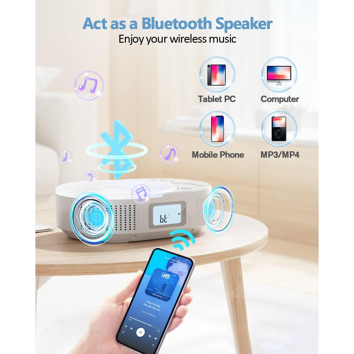 Reproductor de CD Portátil FELEMAN 2 en 1 Bluetooth 15W