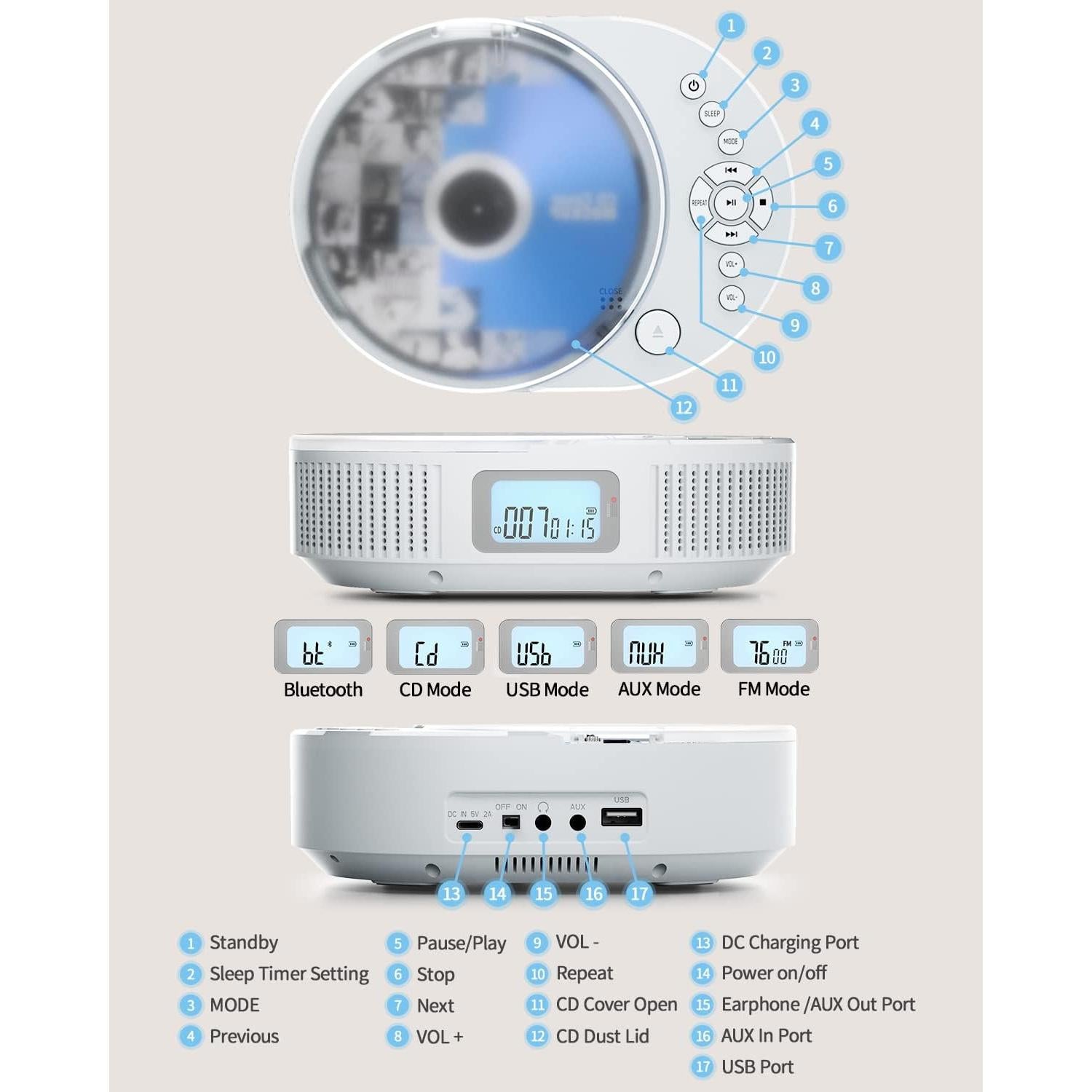 Reproductor de CD Portátil FELEMAN 2 en 1 Bluetooth 15W