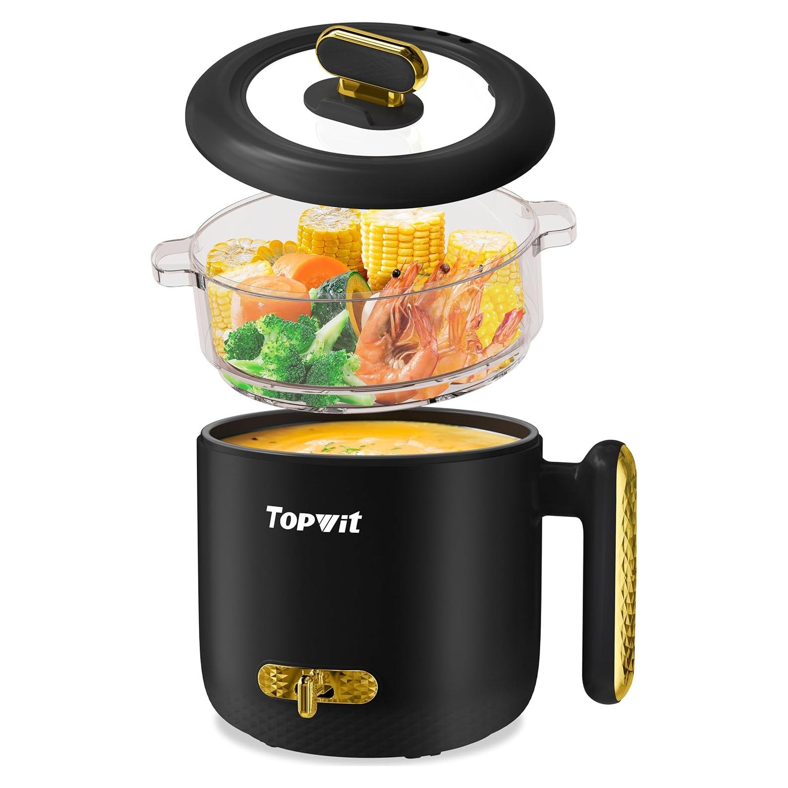 Topwit Hot Pot Electric with Steamer, 1.8L Ramen Cooker, Portable Electric Pot for Cooking, Multifunctional Cooker for Steak, Egg, Soup, Noodle with Power Adjustment, Dorm Room Essential, Black