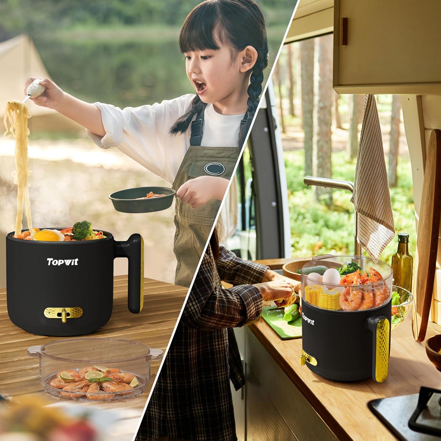 Topwit Hot Pot Electric with Steamer, 1.8L Ramen Cooker, Portable Electric Pot for Cooking, Multifunctional Cooker for Steak, Egg, Soup, Noodle with Power Adjustment, Dorm Room Essential, Black