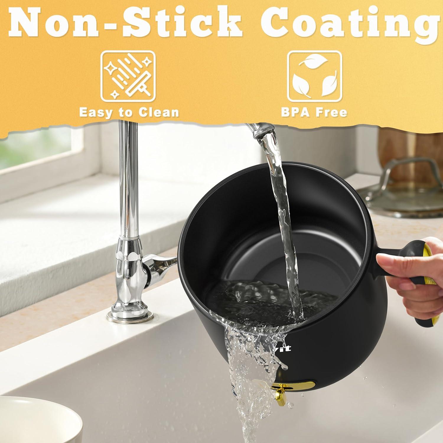 Topwit Hot Pot Electric with Steamer, 1.8L Ramen Cooker, Portable Electric Pot for Cooking, Multifunctional Cooker for Steak, Egg, Soup, Noodle with Power Adjustment, Dorm Room Essential, Black