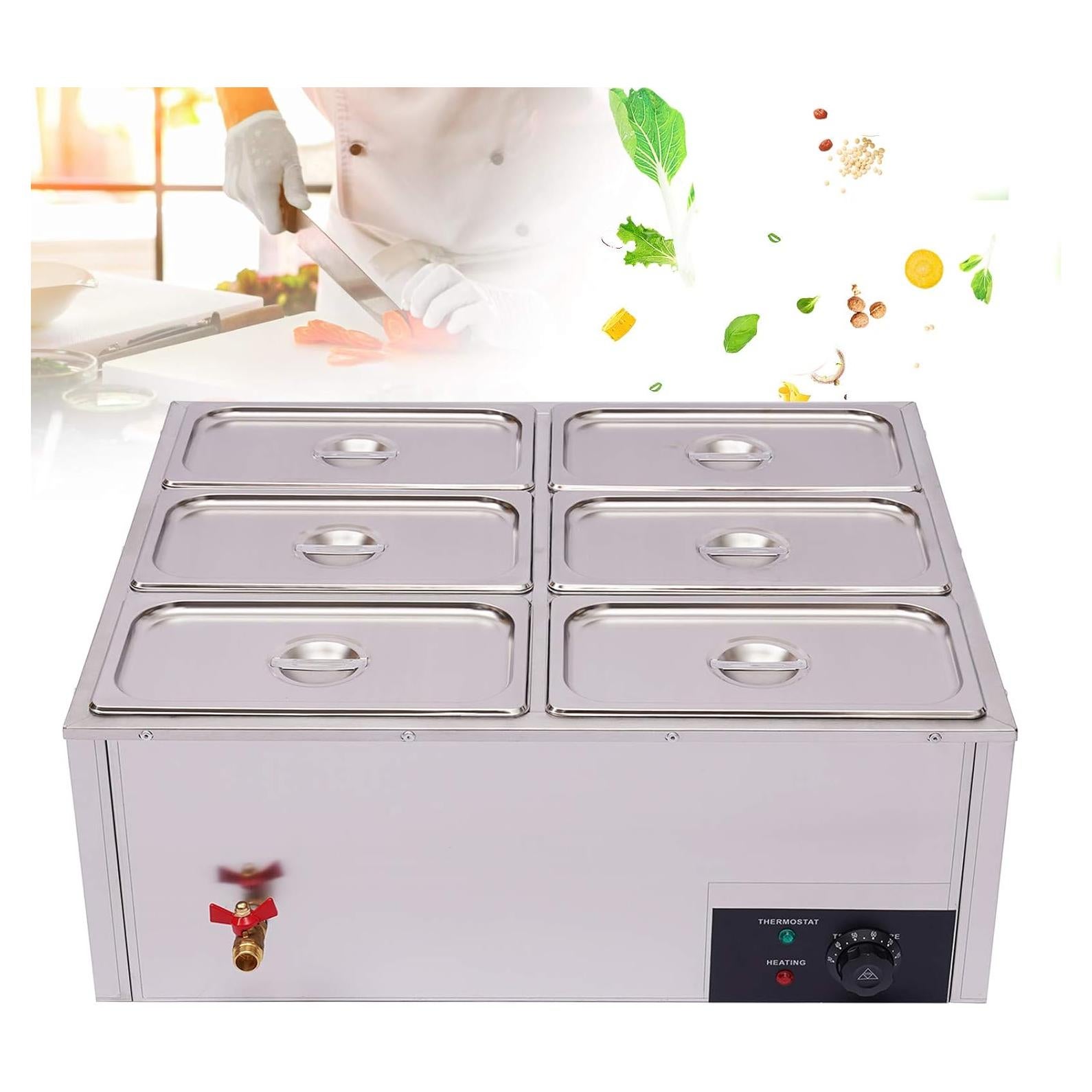 Calentador de Comida Bain Marie 6 Panes Acero Inoxidable 850W