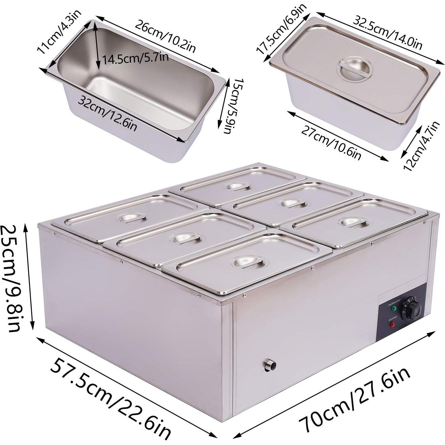 Calentador de Comida Bain Marie 6 Panes Acero Inoxidable 850W