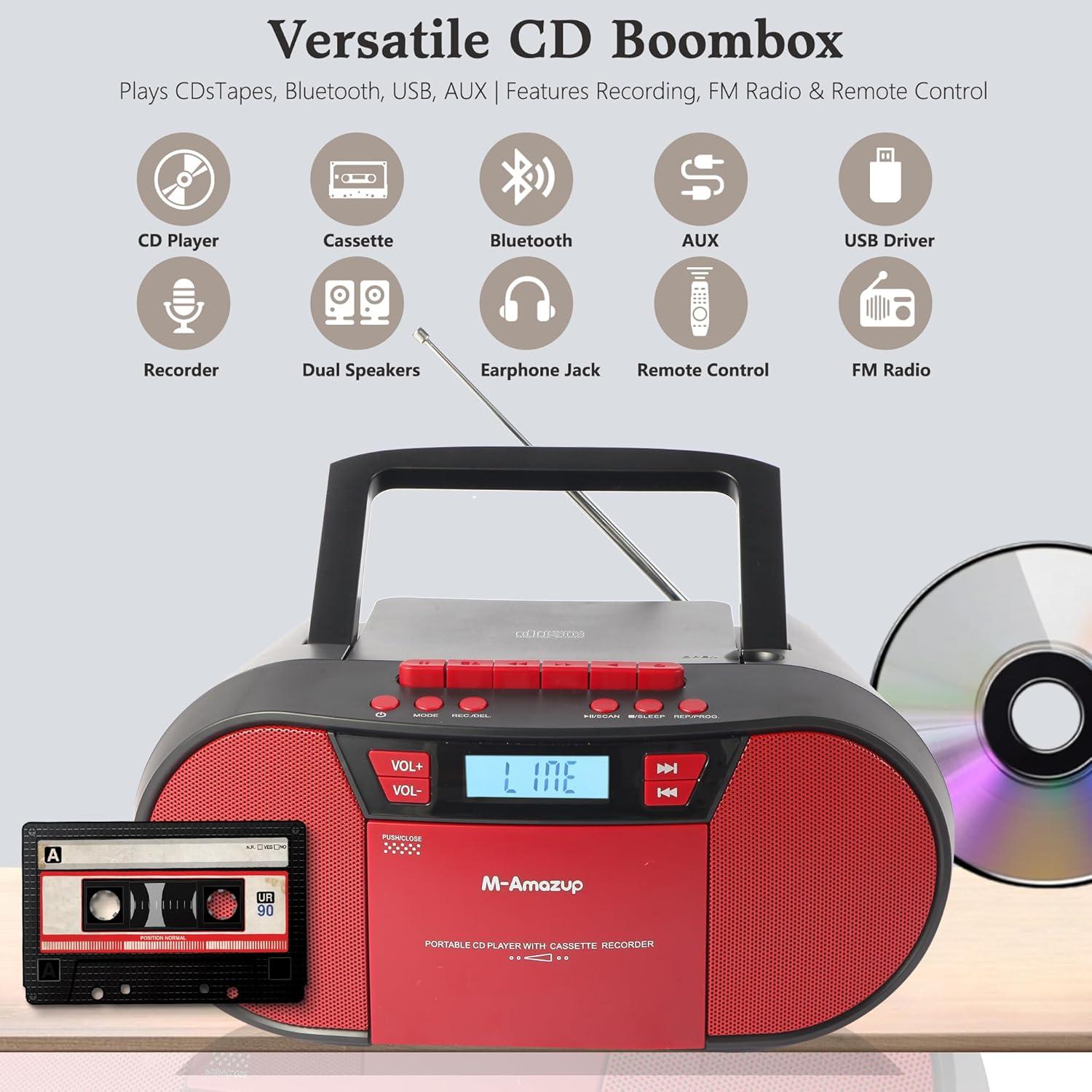 Reproductor Boombox Portátil M-Amazup V60098BT-BLK Bluetooth Rojo