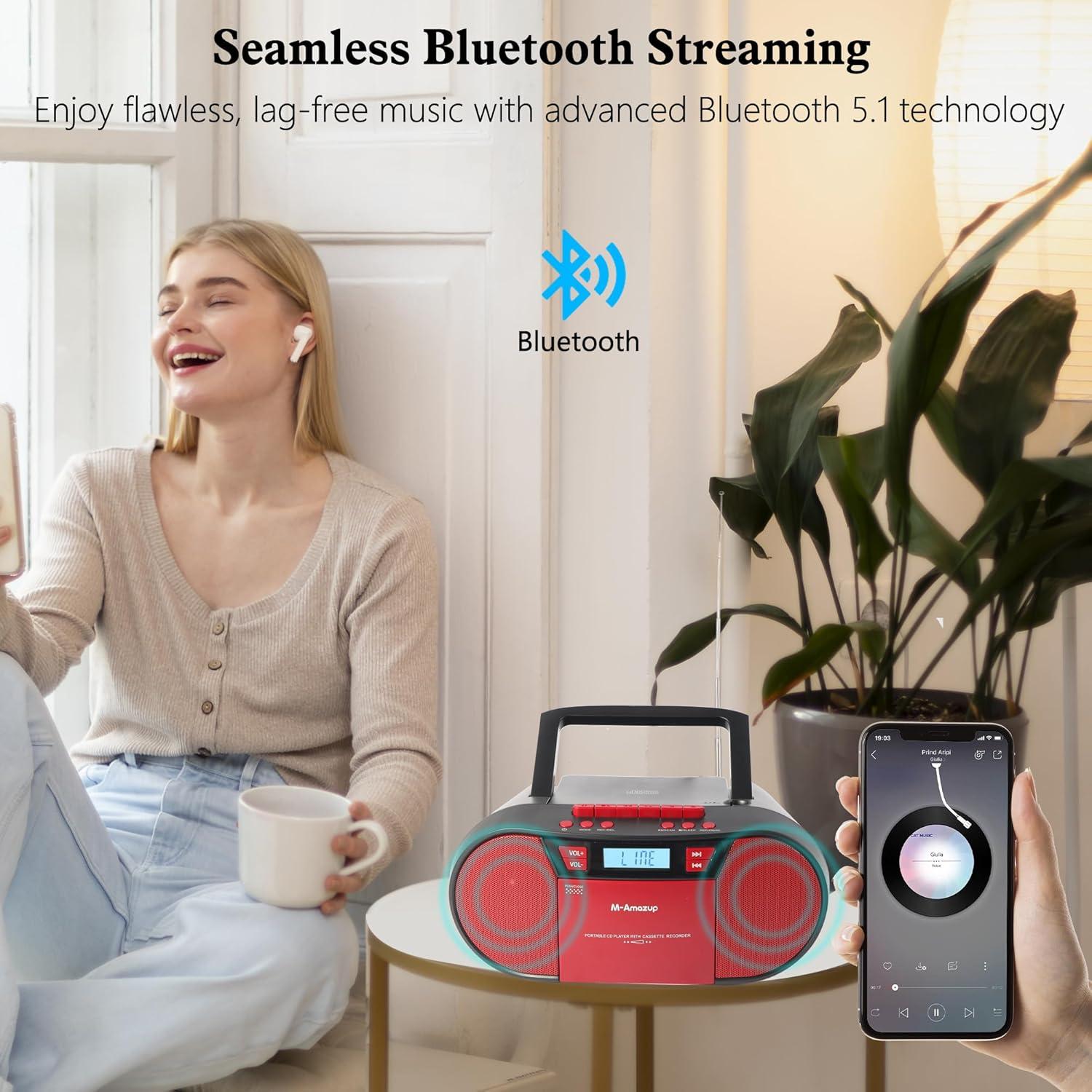 Reproductor Boombox Portátil M-Amazup V60098BT-BLK Bluetooth Rojo