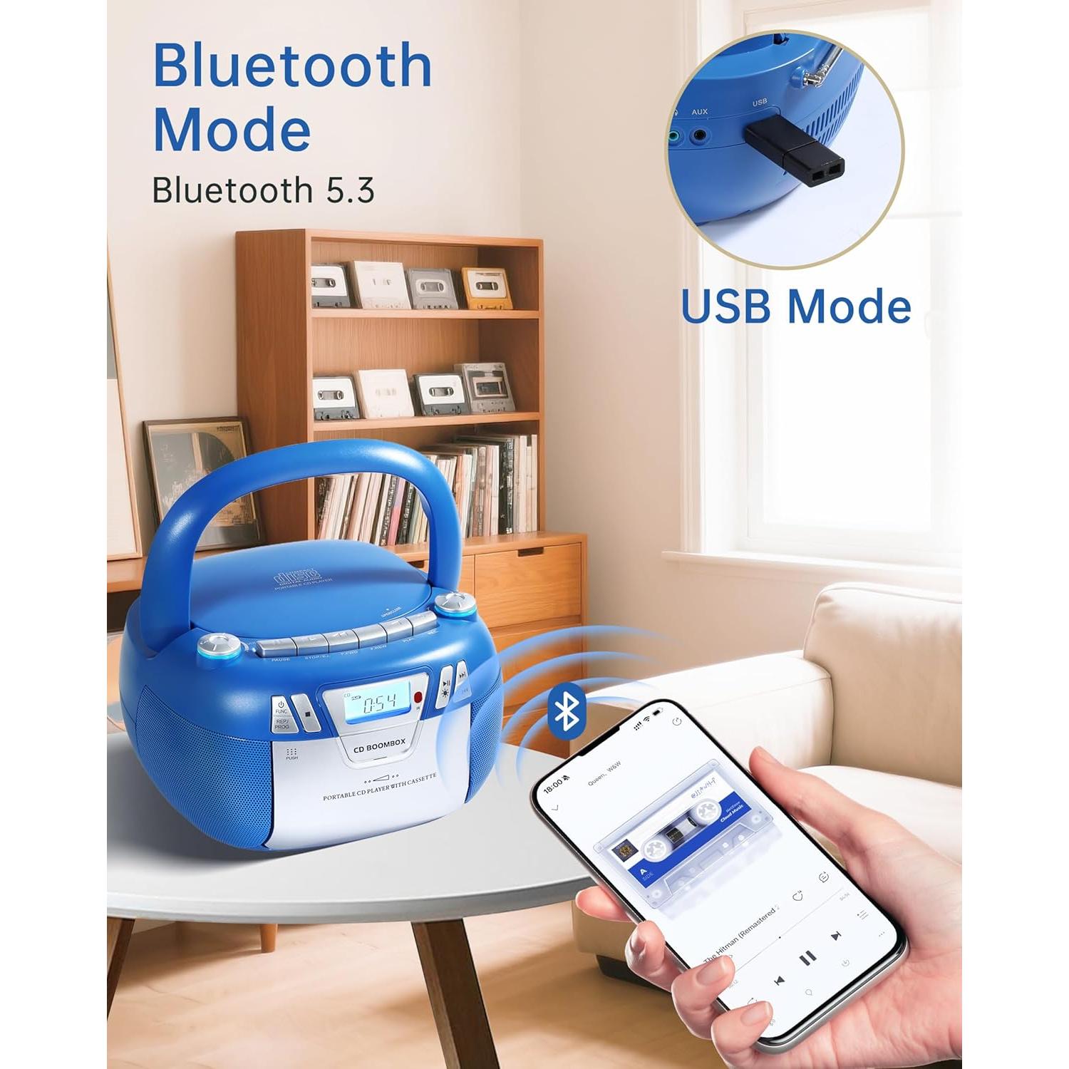 Reproductor de CD Boombox SFOOEOJ con Bluetooth y Casete