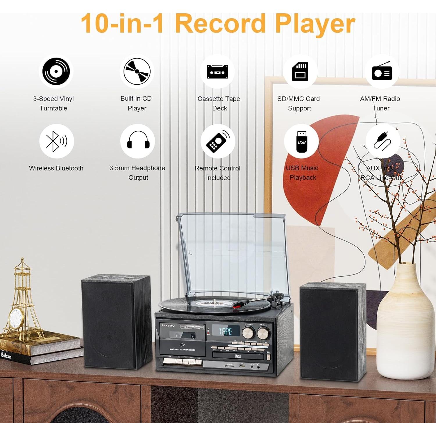 Reproductor de Vinilo PAREIKO T408 10 en 1 Bluetooth 3 Velocidades