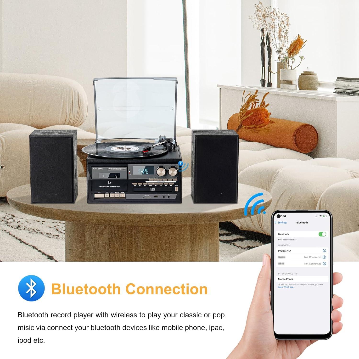 Reproductor de Vinilo PAREIKO T408 10 en 1 Bluetooth 3 Velocidades
