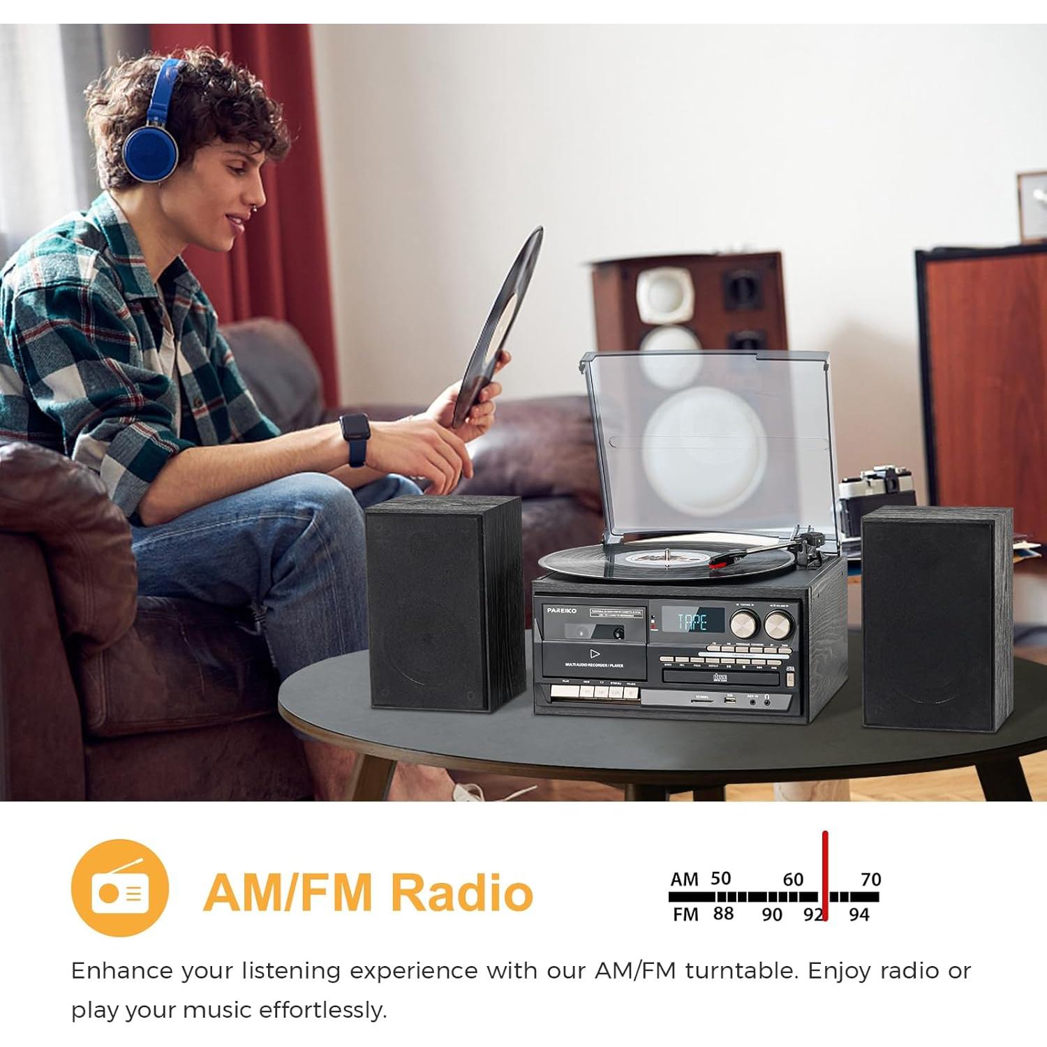 Reproductor de Vinilo PAREIKO T408 10 en 1 Bluetooth 3 Velocidades