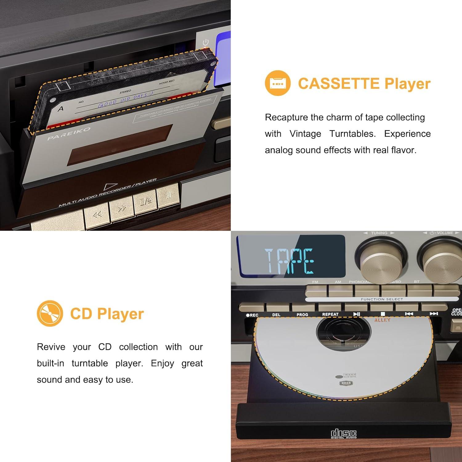 Reproductor de Vinilo PAREIKO T408 10 en 1 Bluetooth 3 Velocidades