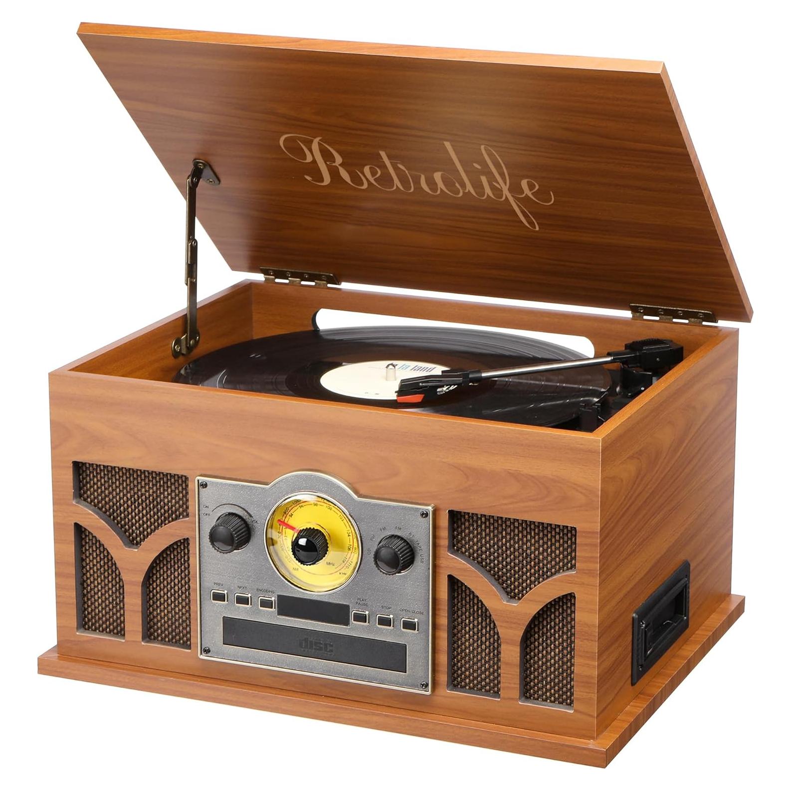 Reproductor de discos 10 en 1 Retrolife caoba con Bluetooth