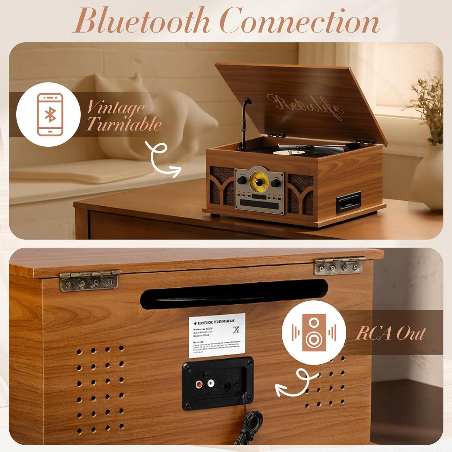 Reproductor de discos 10 en 1 Retrolife caoba con Bluetooth