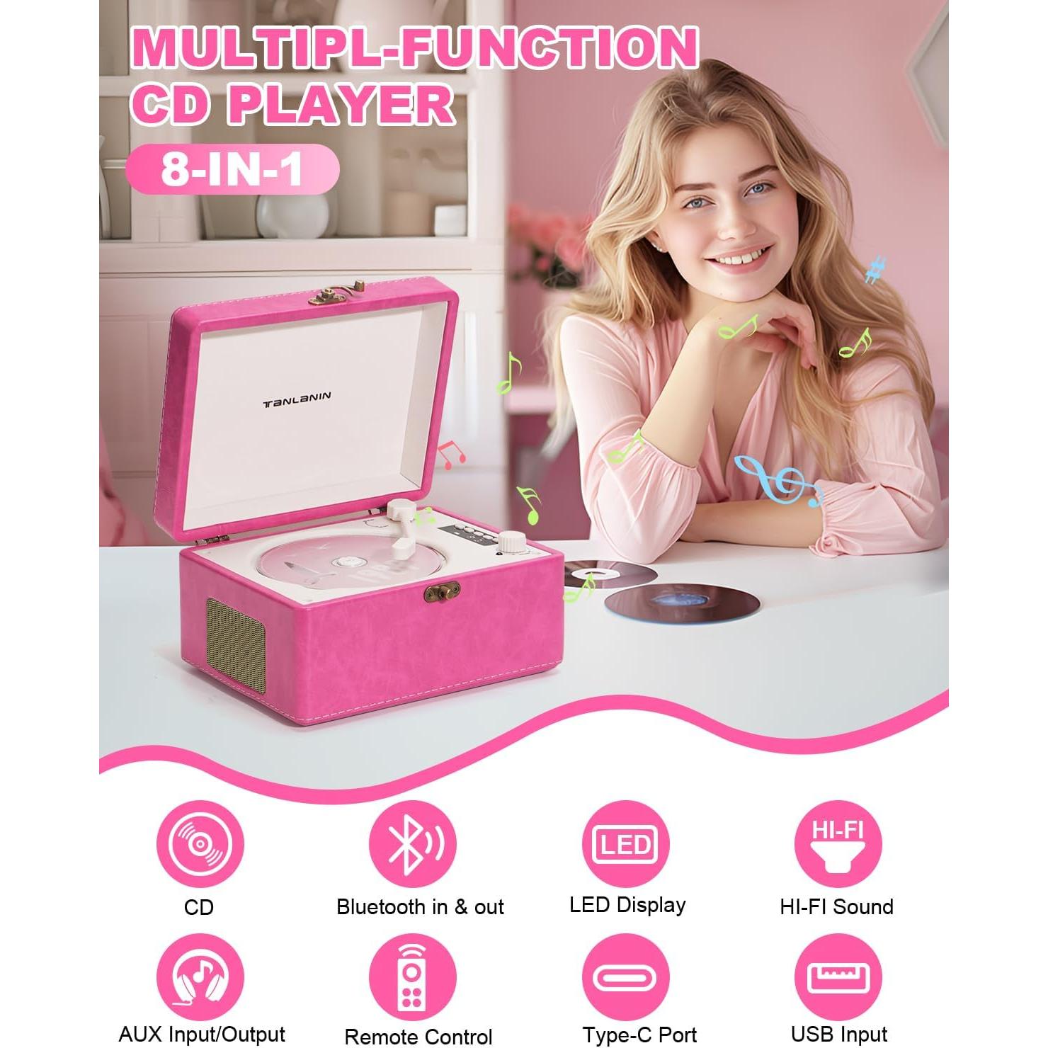 Reproductor de CD portátil TANLANIN rosa con Bluetooth y altavoces
