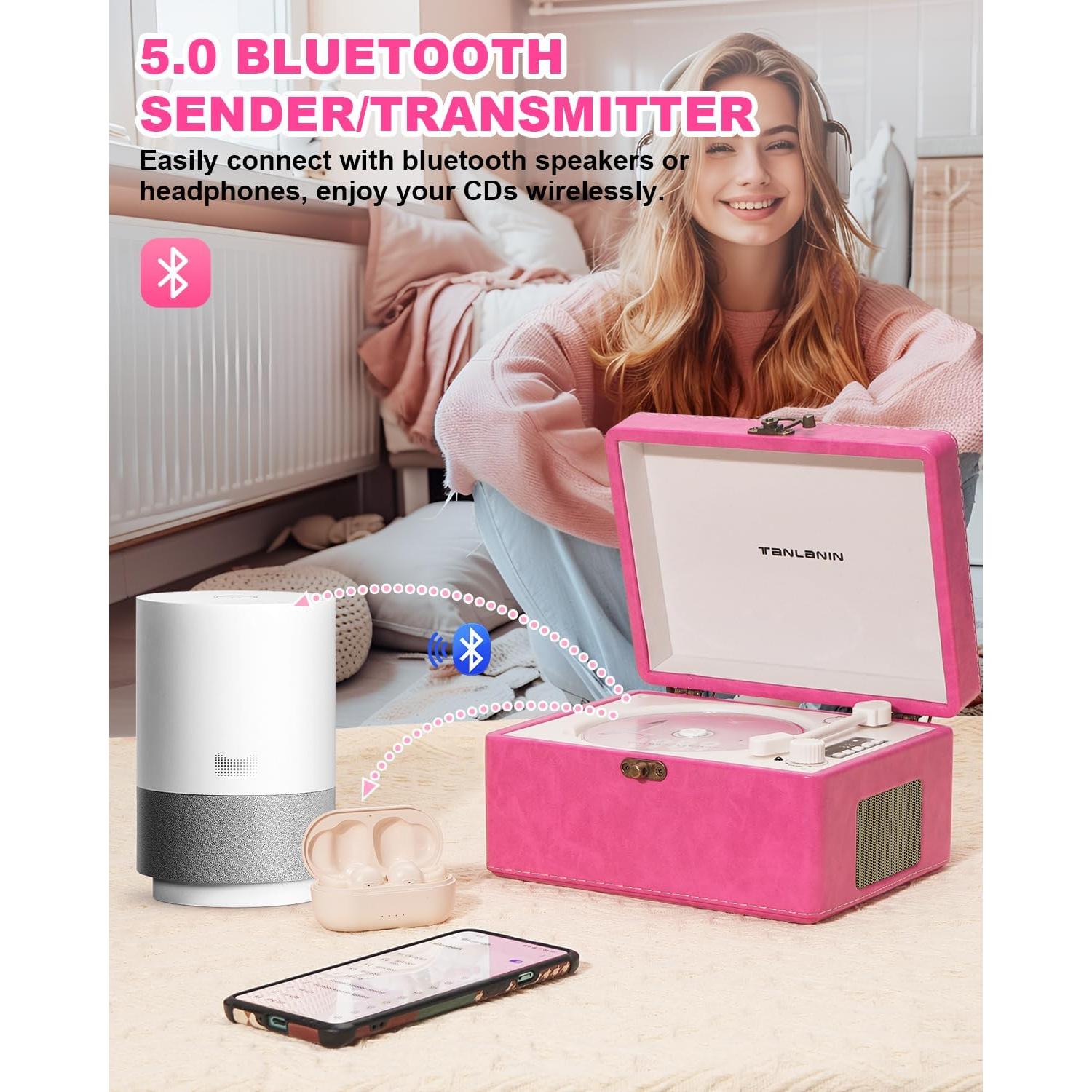 Reproductor de CD portátil TANLANIN rosa con Bluetooth y altavoces