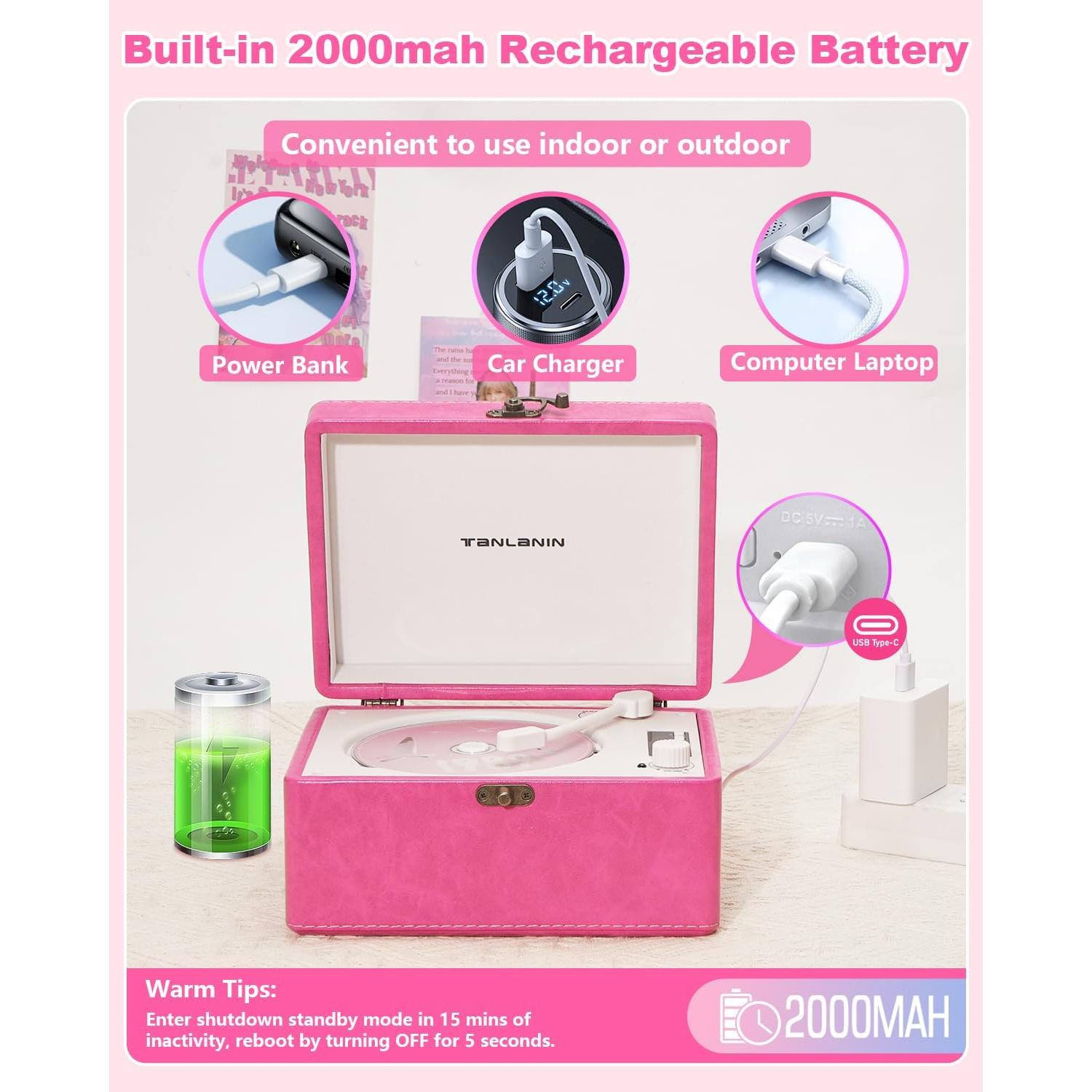 Reproductor de CD portátil TANLANIN rosa con Bluetooth y altavoces