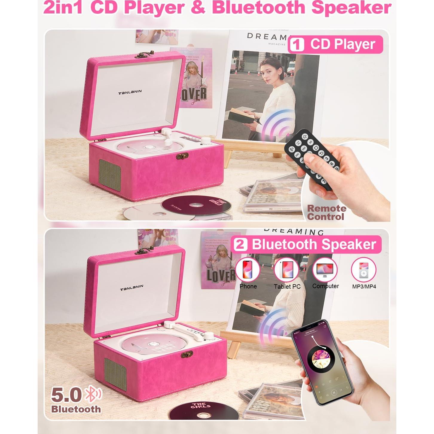 Reproductor de CD portátil TANLANIN rosa con Bluetooth y altavoces