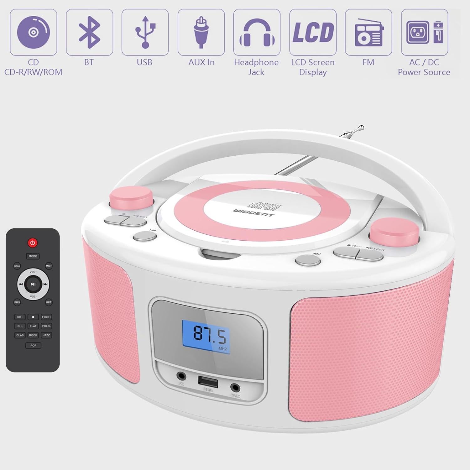 Reproductor de CD portátil Boombox WIITHINK WTB-791 rosa y blanco