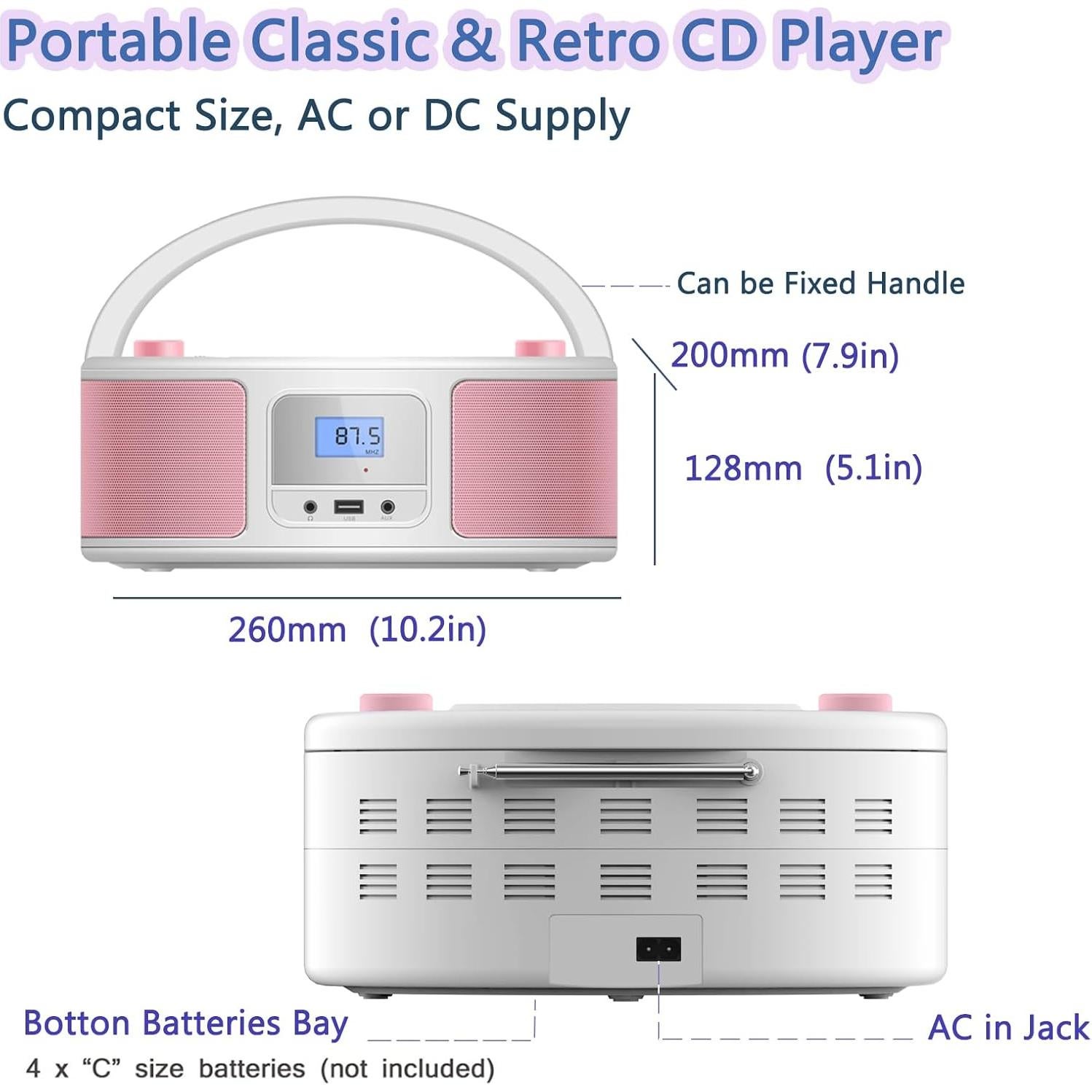 Reproductor de CD portátil Boombox WIITHINK WTB-791 rosa y blanco