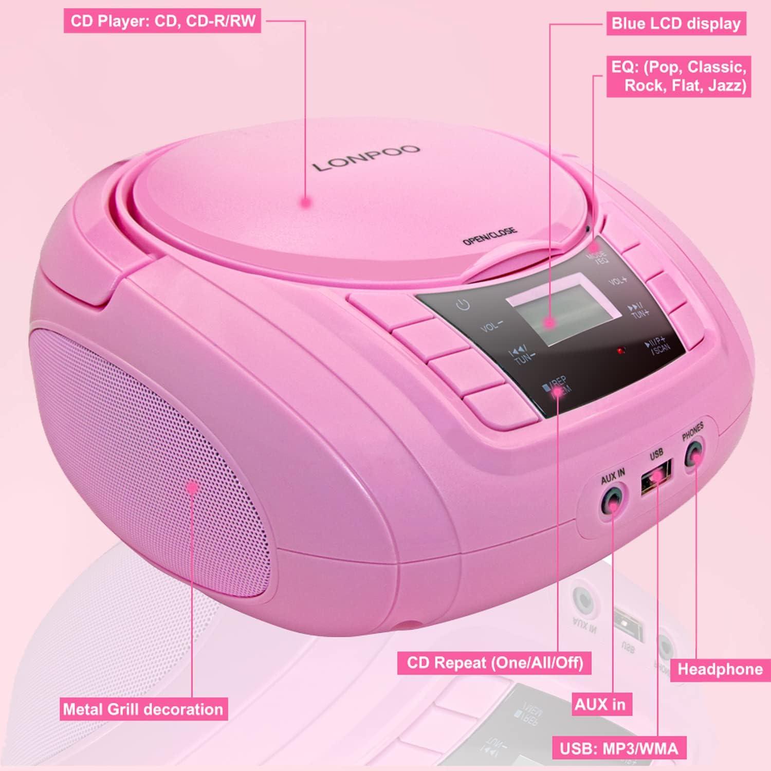 Reproductor de CD Portátil Lonpoo LP-D03 Rosa Bluetooth USB