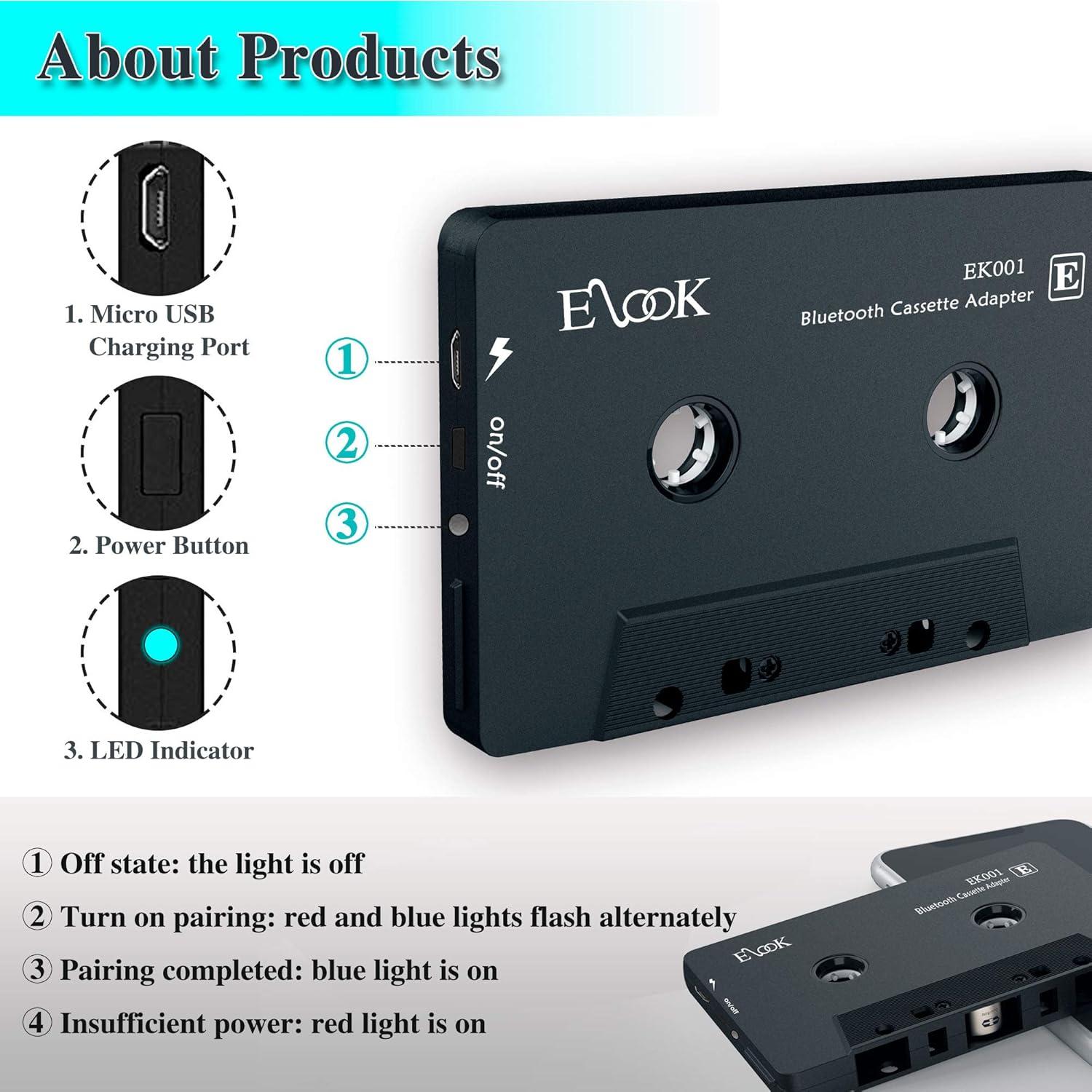 Receptor de Audio Bluetooth Elook para Coche - Adaptador de Casete