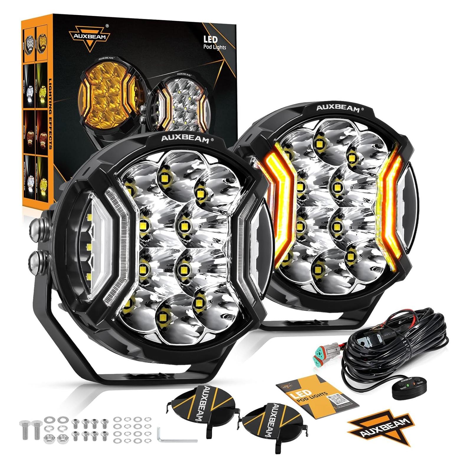 Auxbeam 5In V-Ultra Series 172W LED Light Pods, Offroad Round Driving Light with Amber DRL, 270° Wide Range Super Bright Side Shooter White Hyper Spot Beam Universal Lights with Black Cover-2PCS